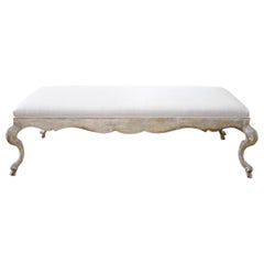 Vintage French Style Painted Cocktail Ottoman Table with Upholstered Linen Top