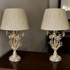 French Style Painted Floral Tole Lamps W/ Linen Pleated Shades Like New - Pair