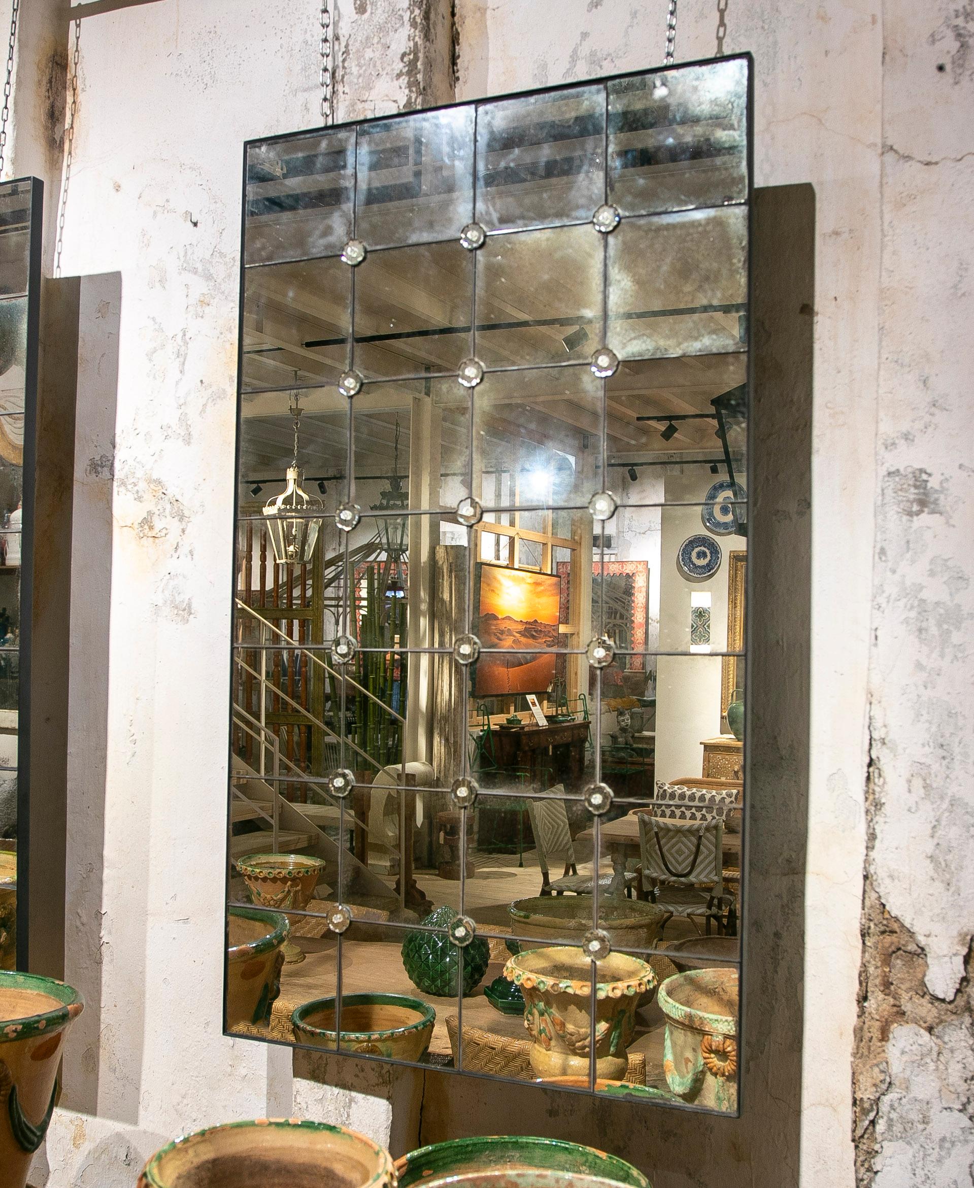 French Style Pair of Antiqued Rectangular Mirrors with Iron Frame In Good Condition For Sale In Marbella, ES