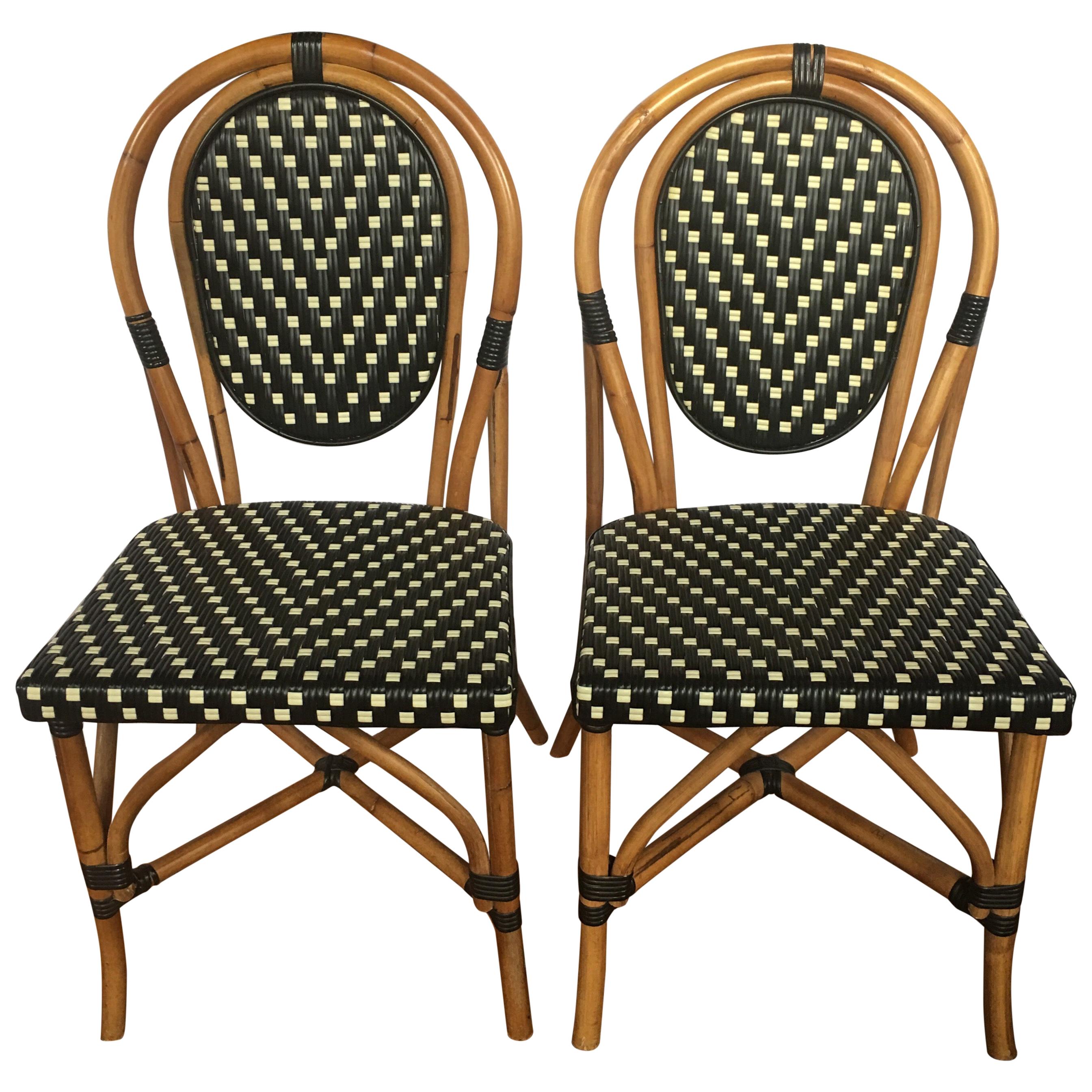 French Style Parisian Cafe Bistro Rattan Dining Chairs, Pair