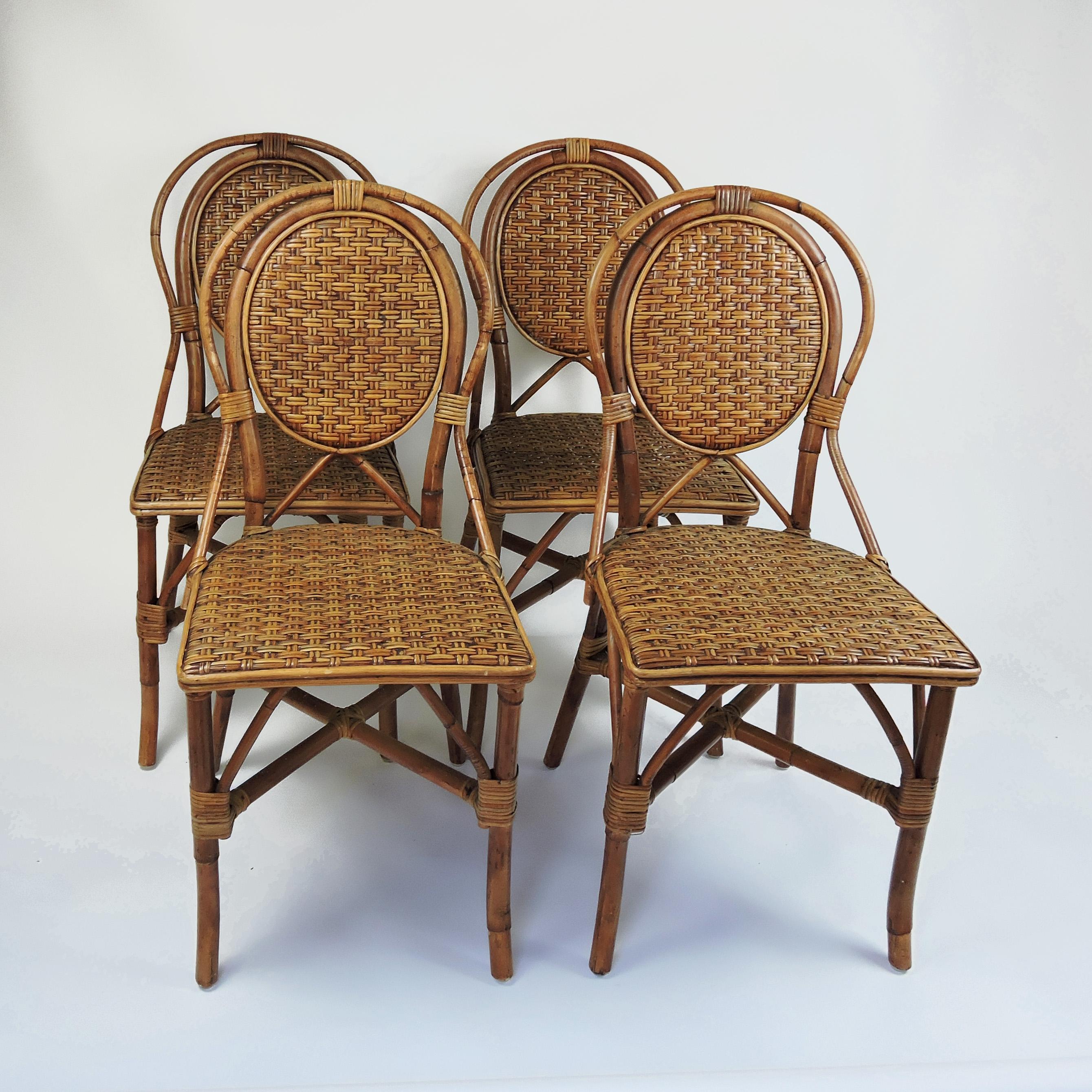 French Style Parisian Cafe Rattan Dining Chairs, Set of 4 In Good Condition For Sale In Chesham, GB