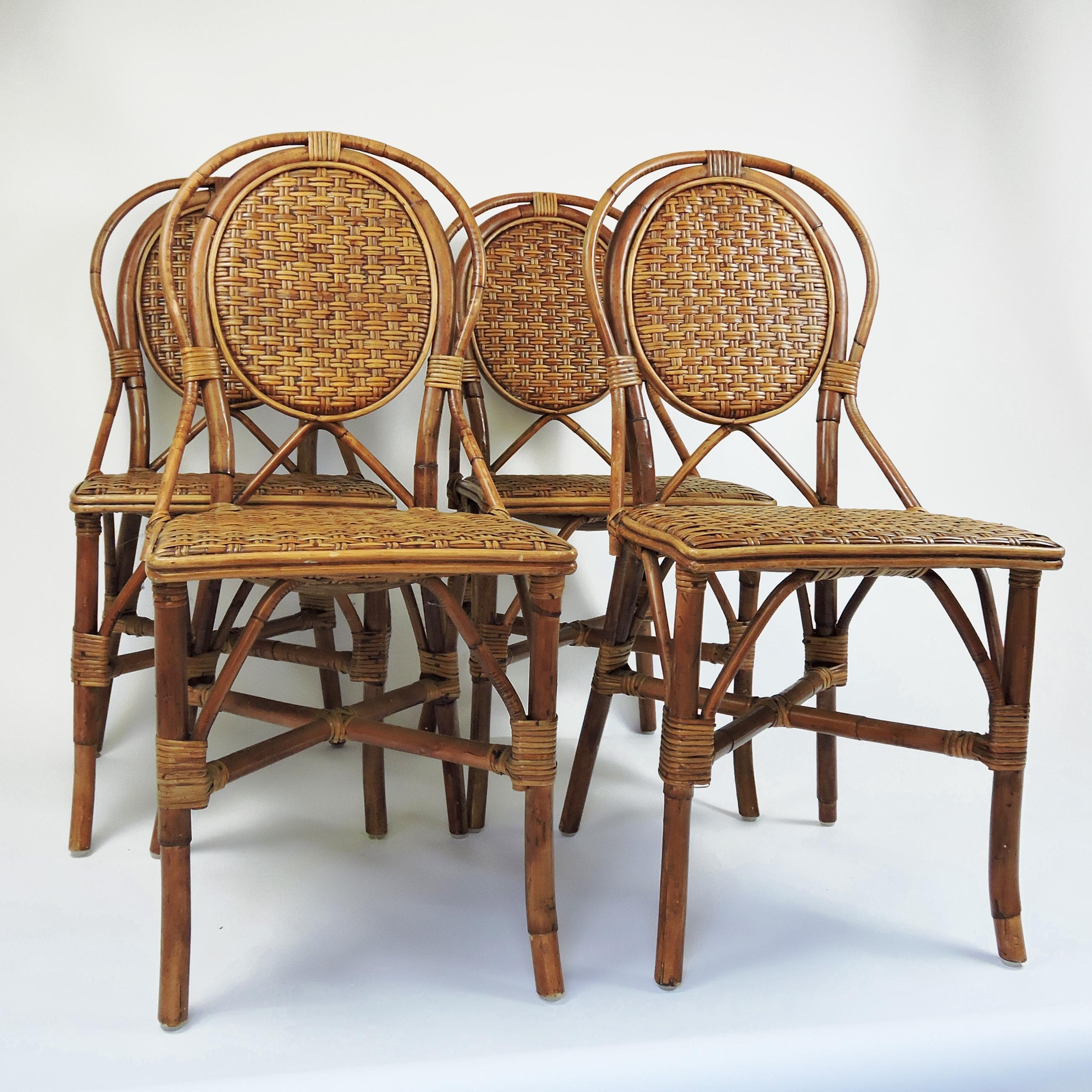 Late 20th Century French Style Parisian Cafe Rattan Dining Chairs, Set of 4 For Sale