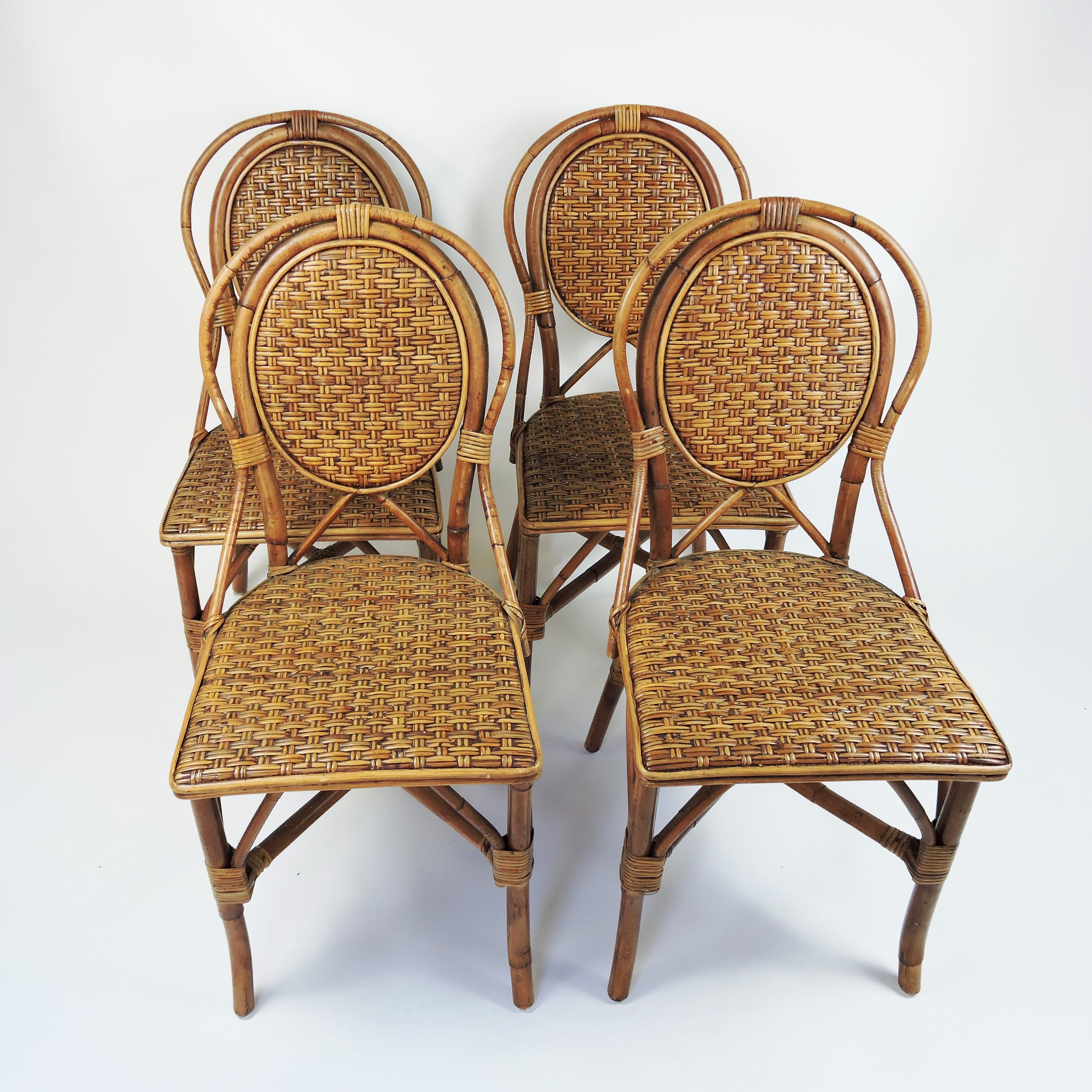 Bamboo French Style Parisian Cafe Rattan Dining Chairs, Set of 4 For Sale