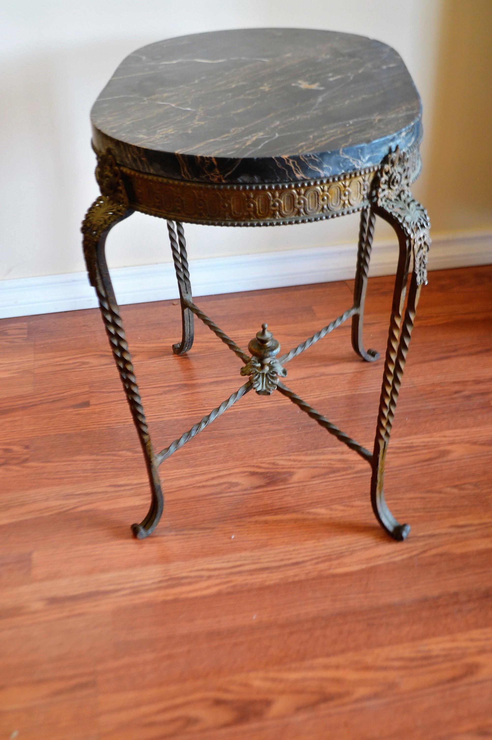 French Style Rustic Wrought Iron Oval Garden Side Table, Thick Black Marble Top For Sale 1