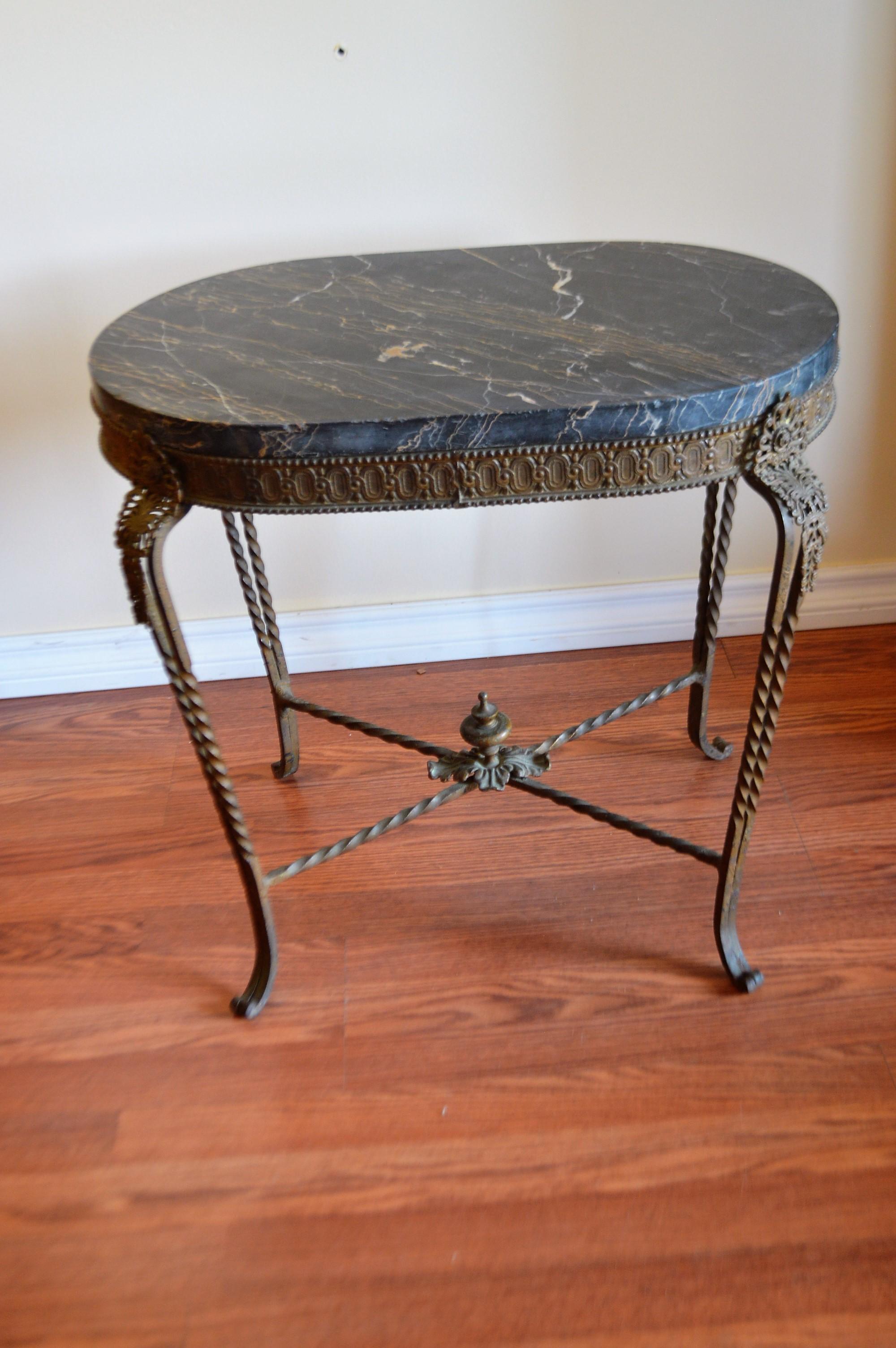 French Style Rustic Wrought Iron Oval Garden Side Table, Thick Black Marble Top For Sale 4