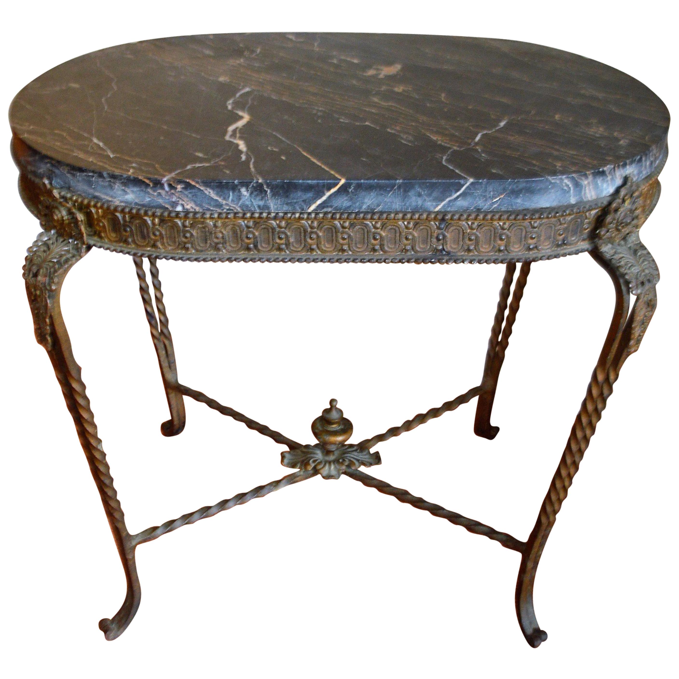 French Style Rustic Wrought Iron Oval Garden Side Table, Thick Black Marble Top For Sale