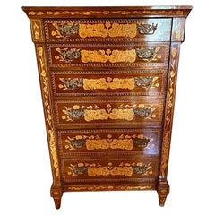 Vintage French Style Satinwood & Intricate Inlay Highboy Dresser, 1970s