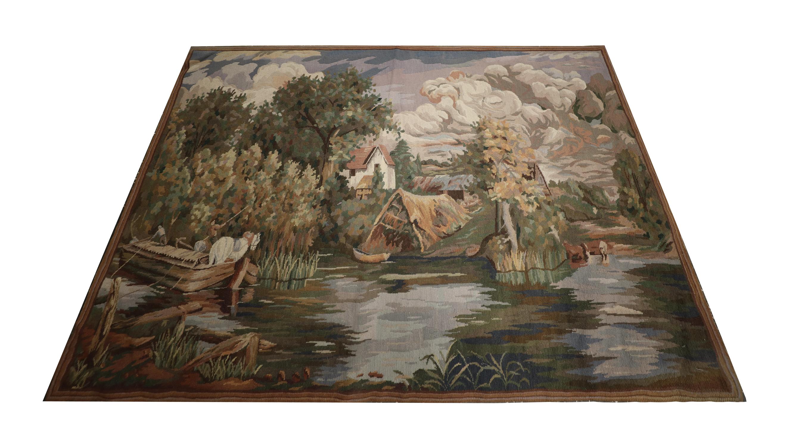 A fine example of tapestries woven by hand in the 21st century this piece will definitely enhance any room it is introduced to. The design of this Aubusson rug features a river scene with people, horses, houses and trees nestled among the skies and