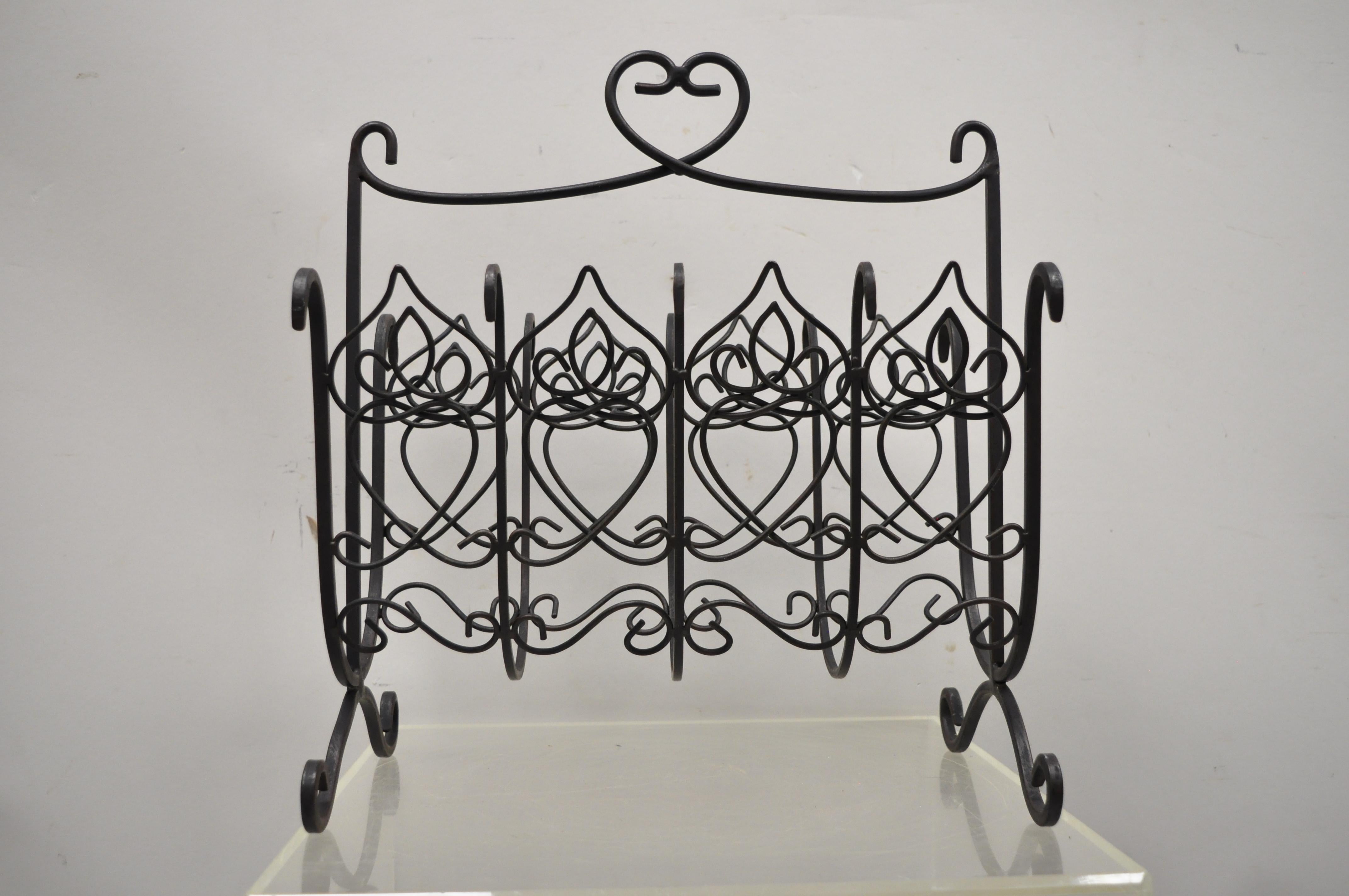 French Style Scrolling Wrought Iron Magazine Rack Stand with Heart For Sale 1