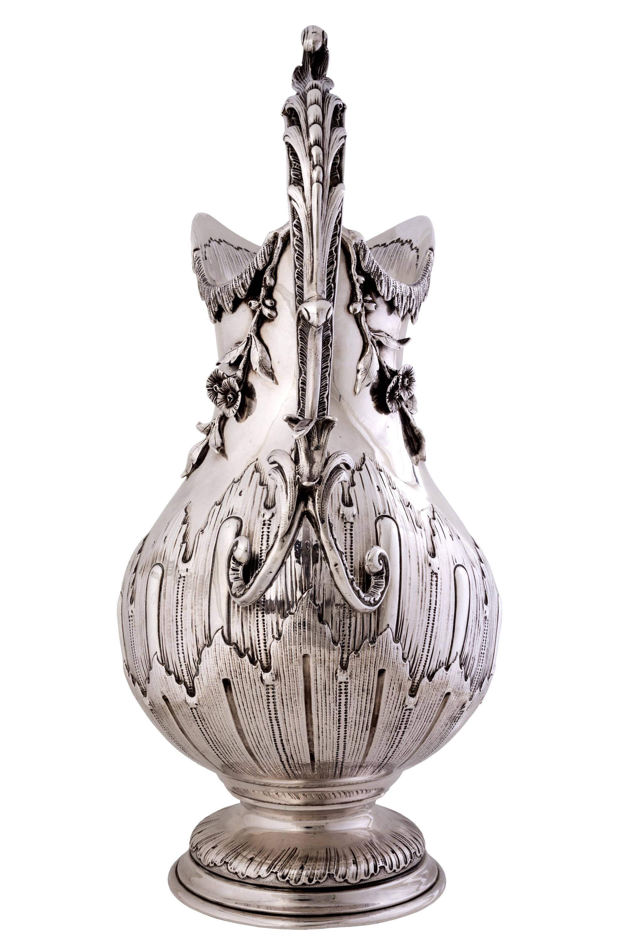 Rococo Revival Large Silver Water Pitcher with Sculptural Floral Detailing