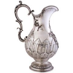 Antique Large Silver Water Pitcher with Sculptural Floral Detailing
