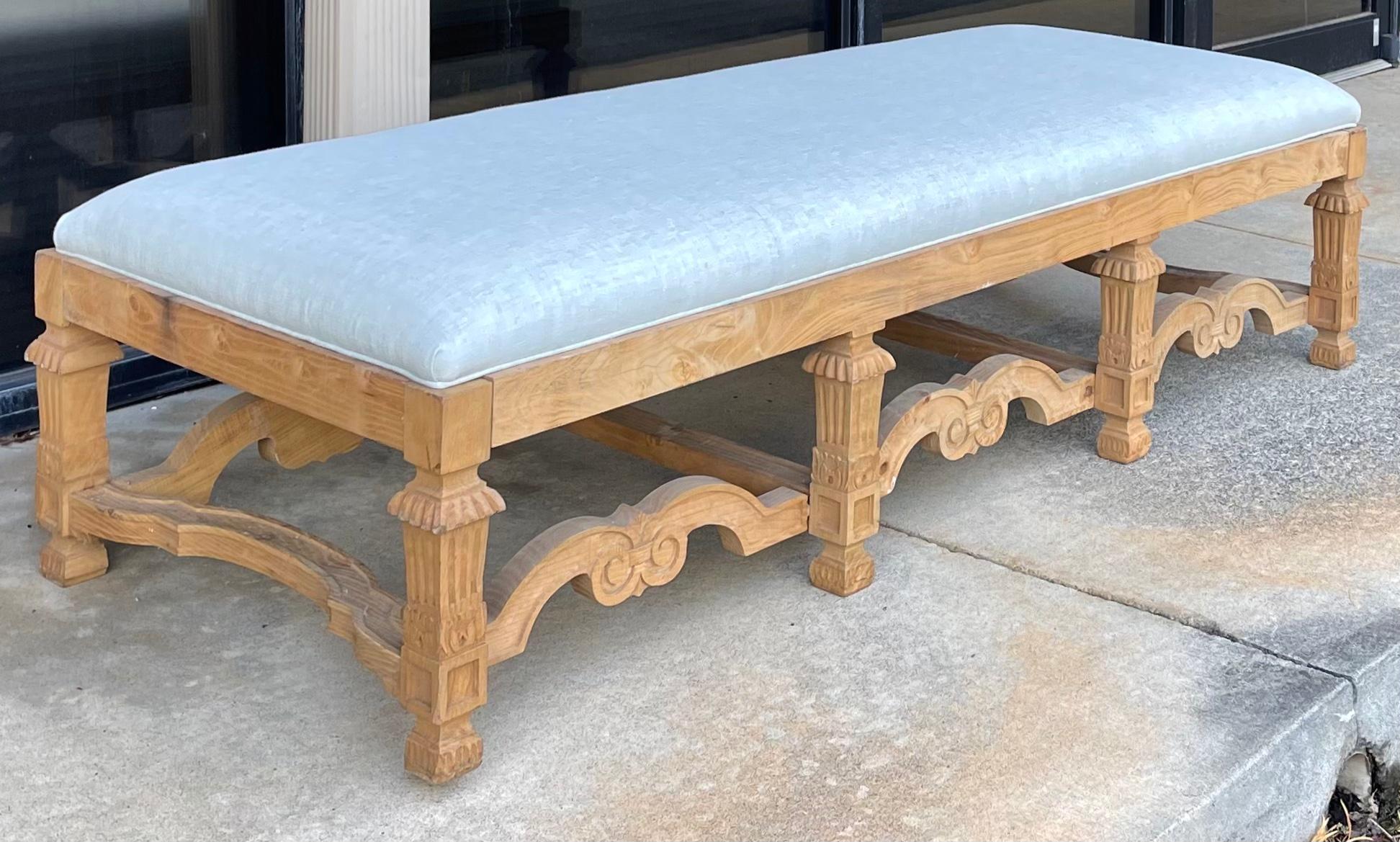 These are wonderful! This is a French style stripped oak ottoman newly upholstered in a light blue / seafoam color linen. 