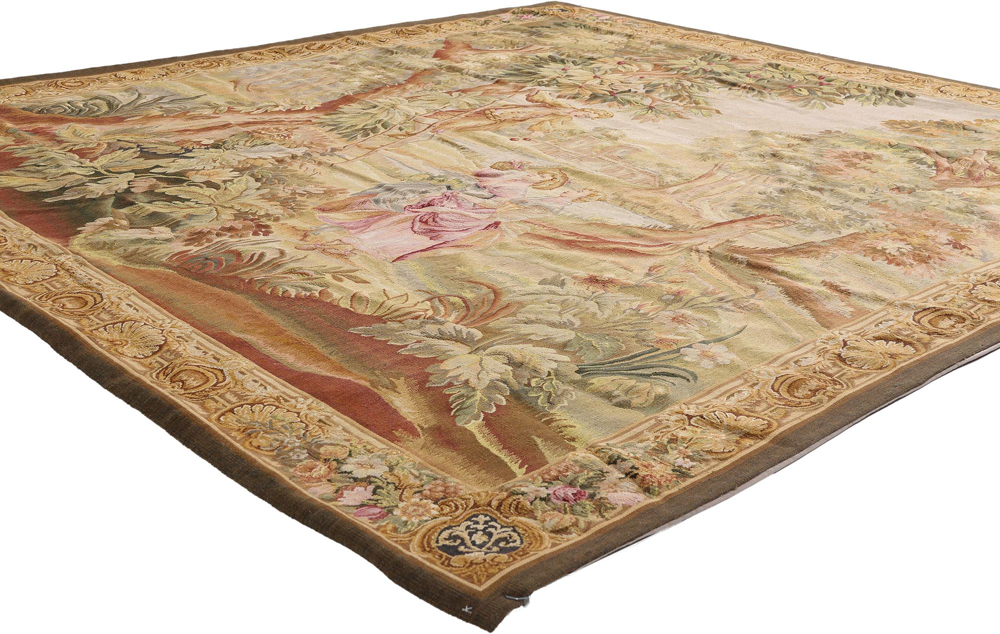 73700 Francois Boucher Reproduction Tapestry, 07'04 X 07'05. Drawing inspiration from François Boucher’s La Cueillette des Cerises (The Cherry Picking, Paris, 1703–1770), this handwoven Louis XIV–style tapestry celebrates the tender playfulness of