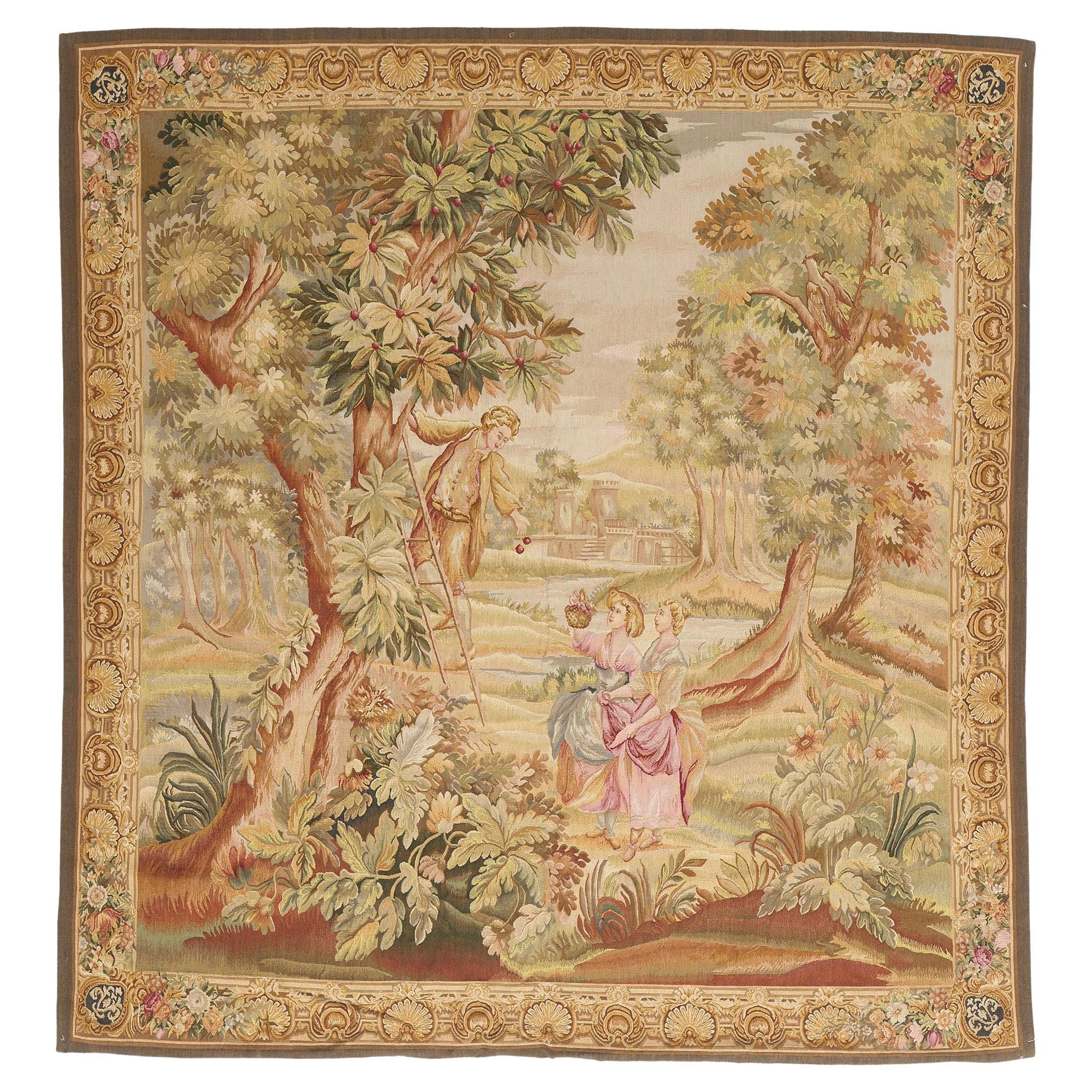 The Cherry Harvest: A Louis XIV Style Tapestry of Rococo Romance For Sale