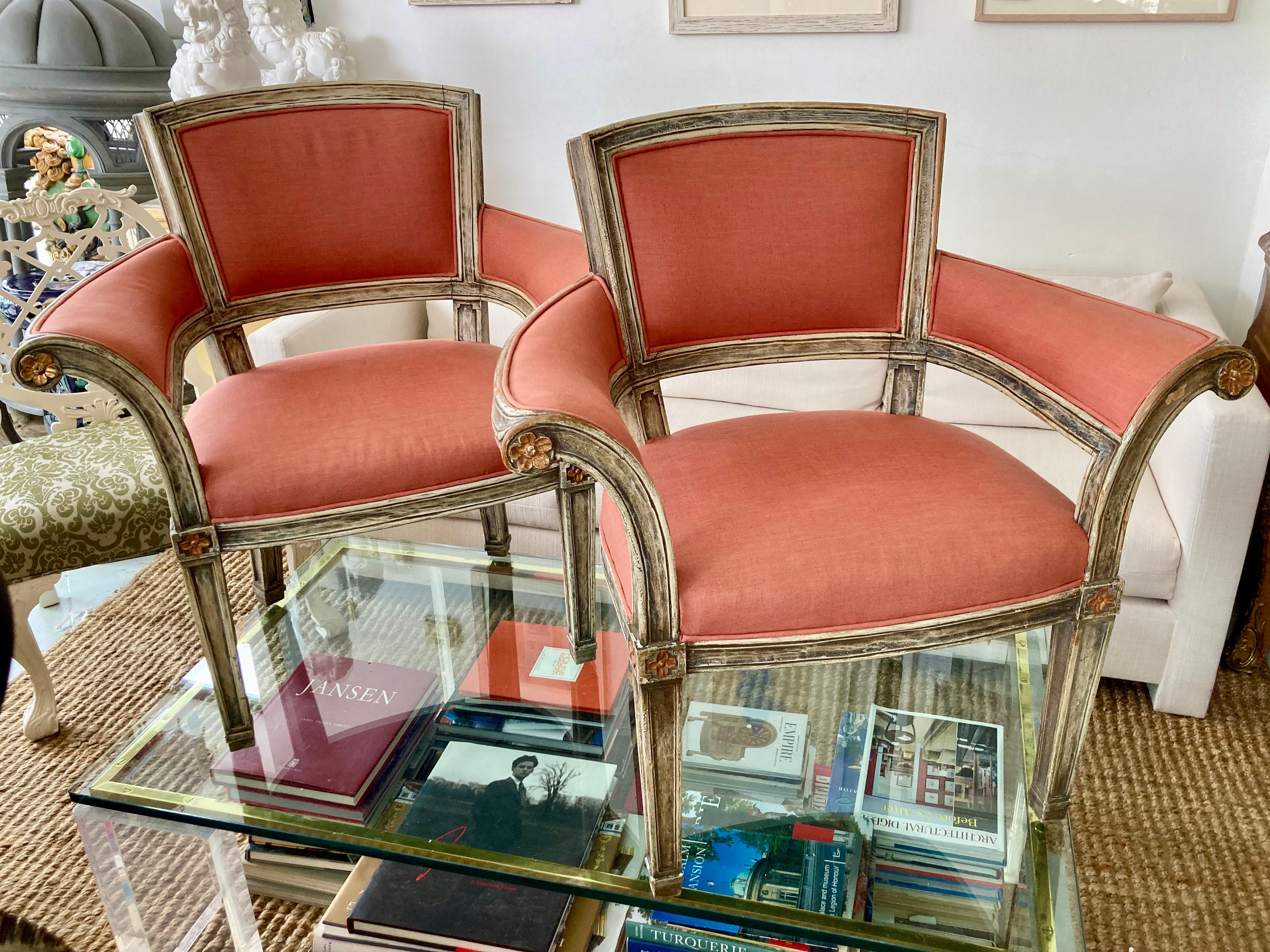Gorgeous French style transitional fauteuils upholstered in linen. Gorgeous detailing and quality upholstery work! Add some French style to your home.