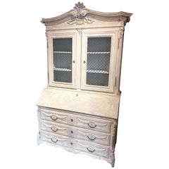 French Style Whitewashed Carved Oak Secretary