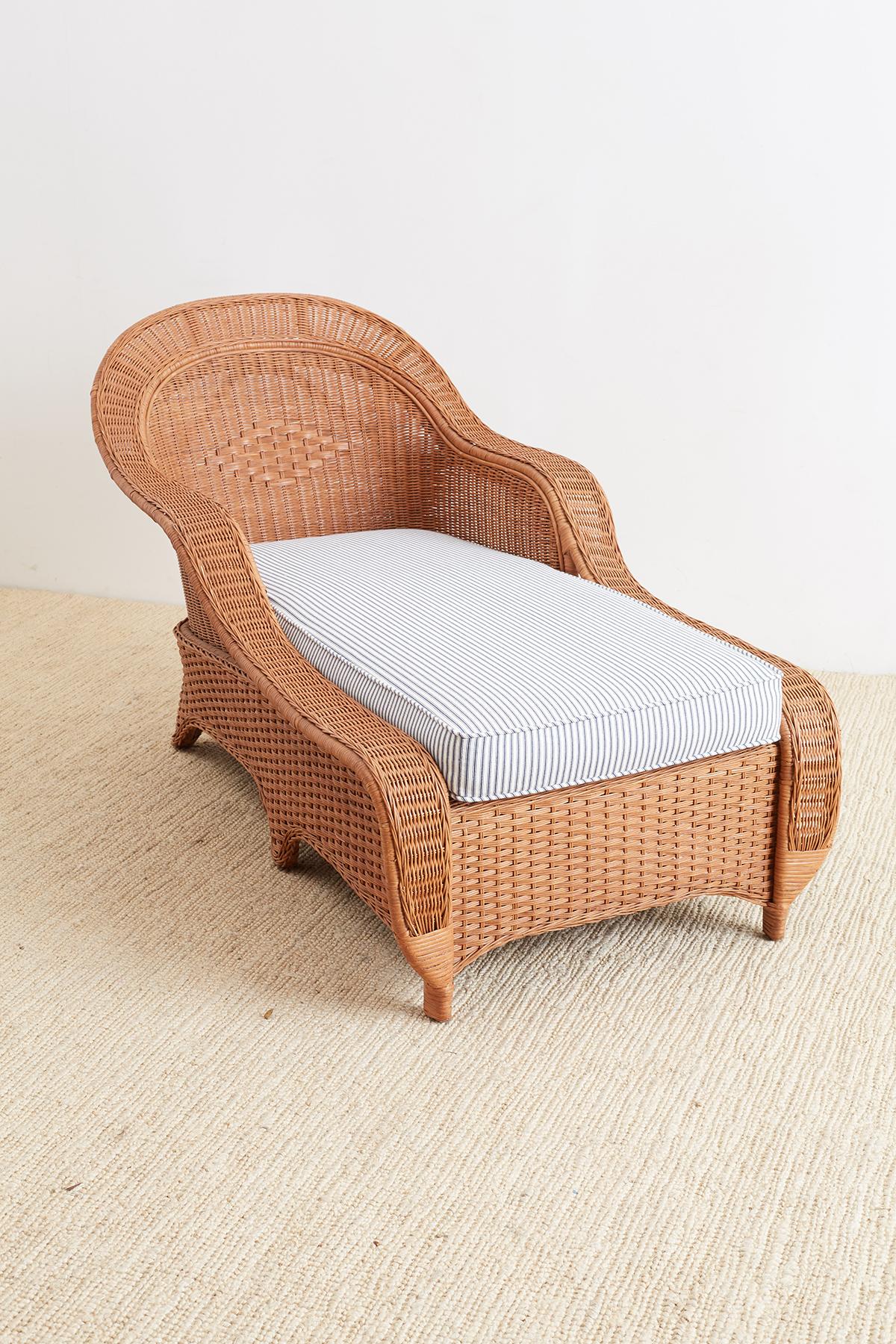 French Style Wicker Chaise Longue with Waverly Ticking Stripe Upholstery 4