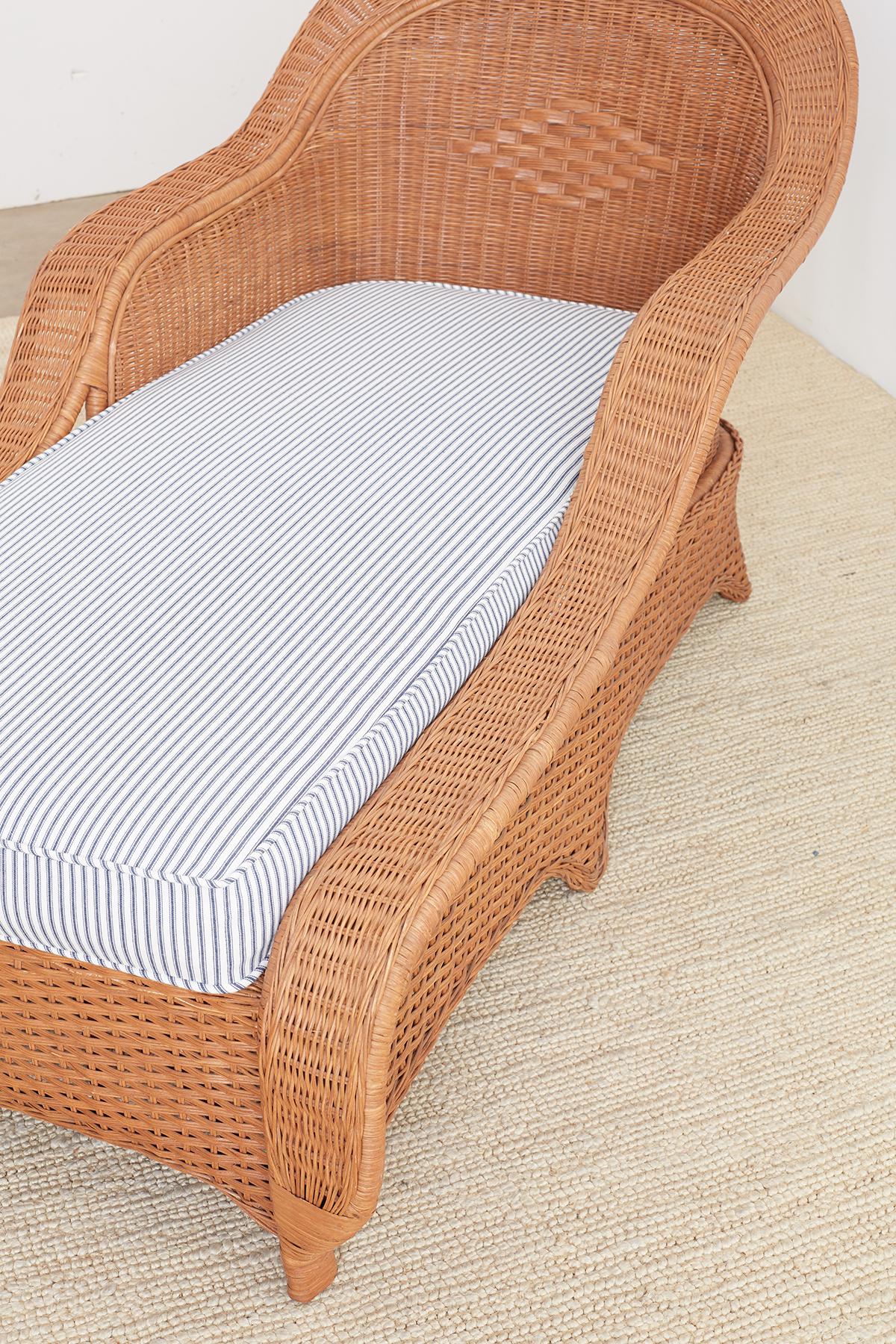 French Style Wicker Chaise Longue with Waverly Ticking Stripe Upholstery 5