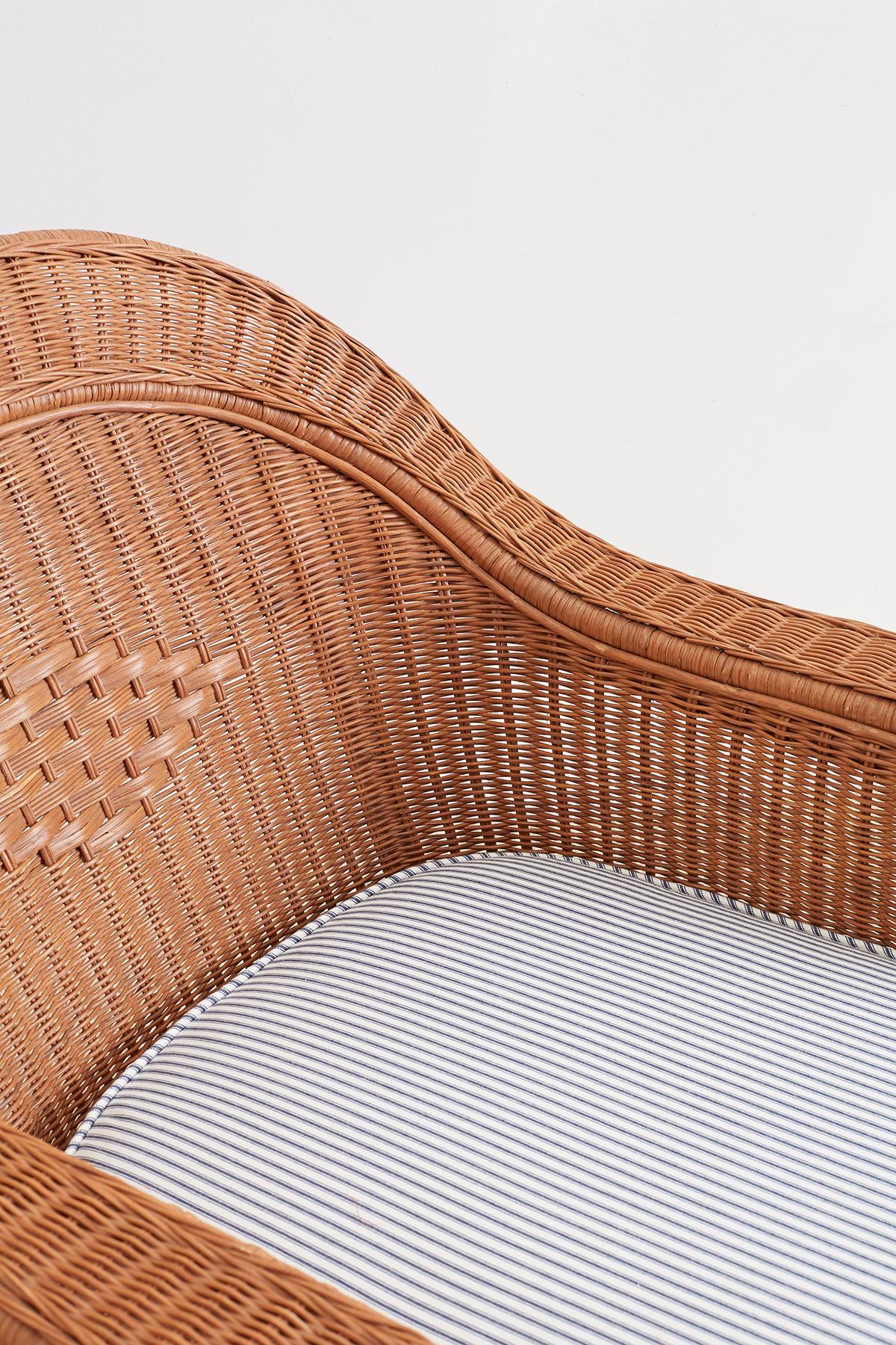 French Style Wicker Chaise Longue with Waverly Ticking Stripe Upholstery 6