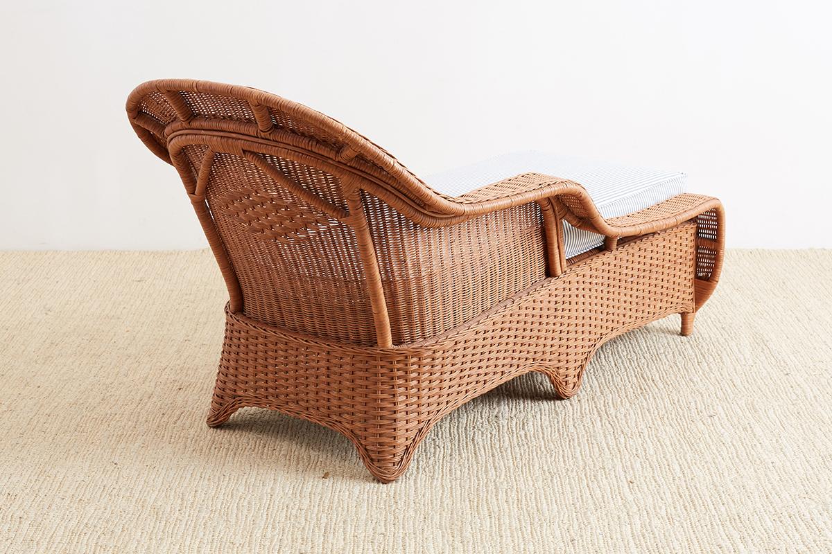 French Style Wicker Chaise Longue with Waverly Ticking Stripe Upholstery 8