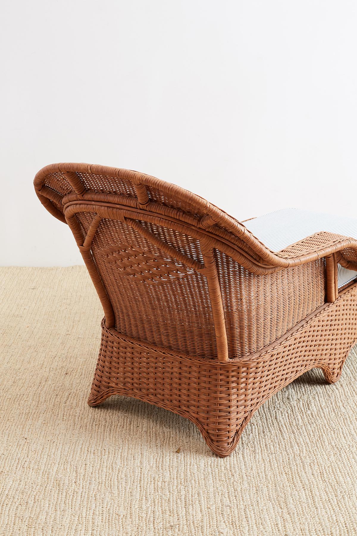 French Style Wicker Chaise Longue with Waverly Ticking Stripe Upholstery 9