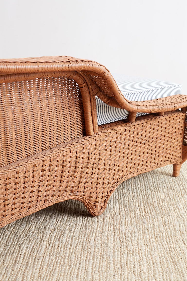 French Style Wicker Chaise Longue with Waverly Ticking Stripe Upholstery at 1stDibs