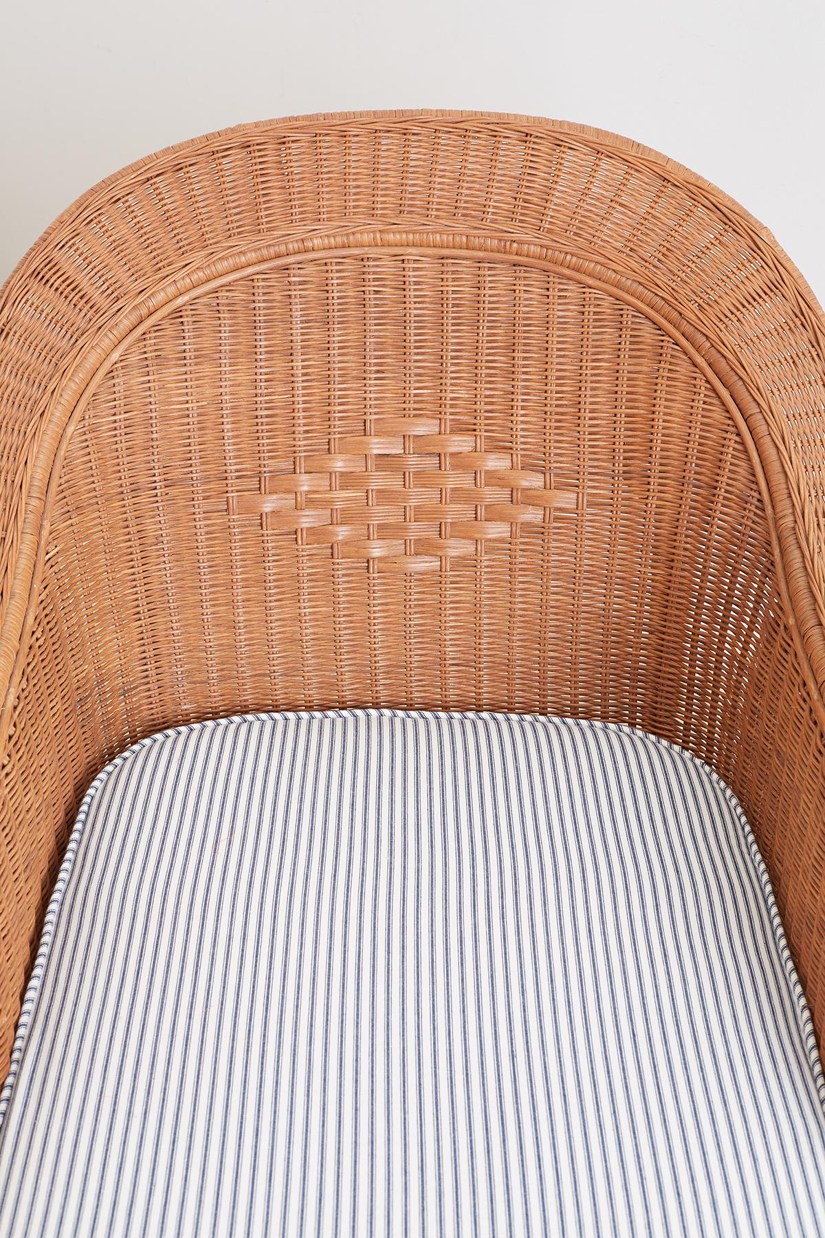 Art Deco French Style Wicker Chaise Longue with Waverly Ticking Stripe Upholstery
