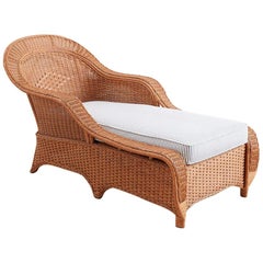 Vintage French Style Wicker Chaise Longue with Waverly Ticking Stripe Upholstery