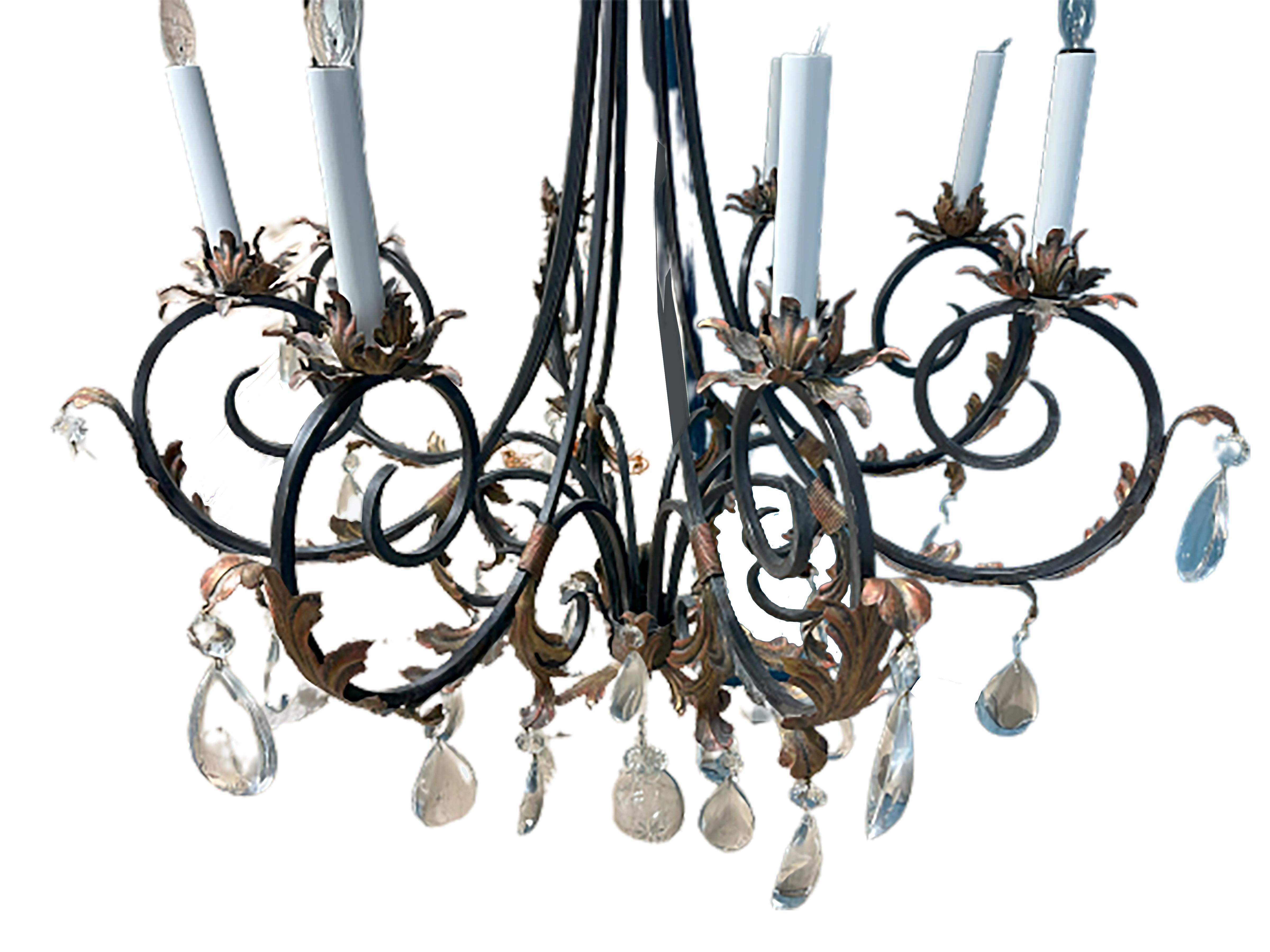 Unknown French Style Wrought Iron Chandelier with Gilt Acanthus Leaves For Sale