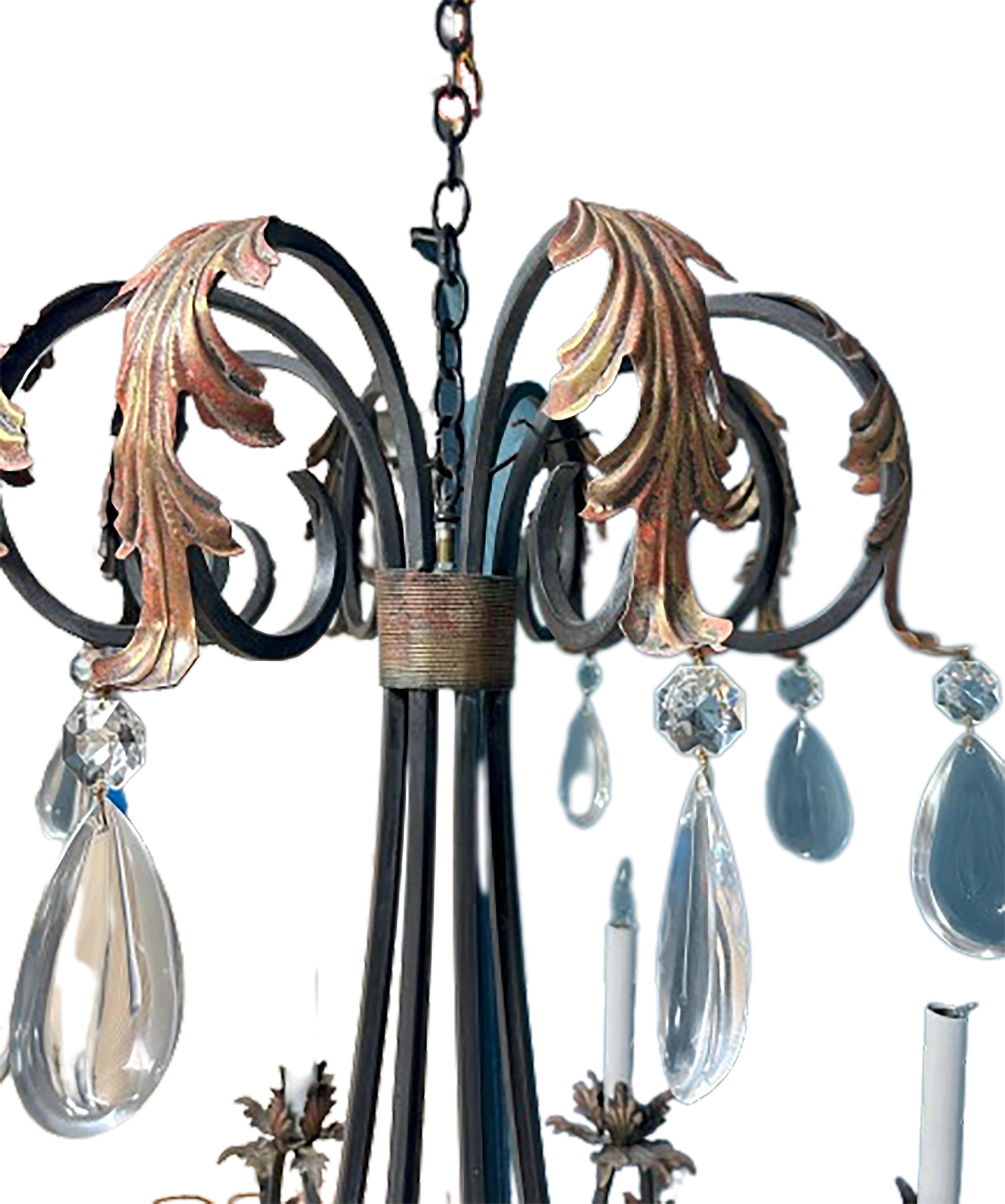 French Style Wrought Iron Chandelier with Gilt Acanthus Leaves In Good Condition For Sale In Dallas, TX