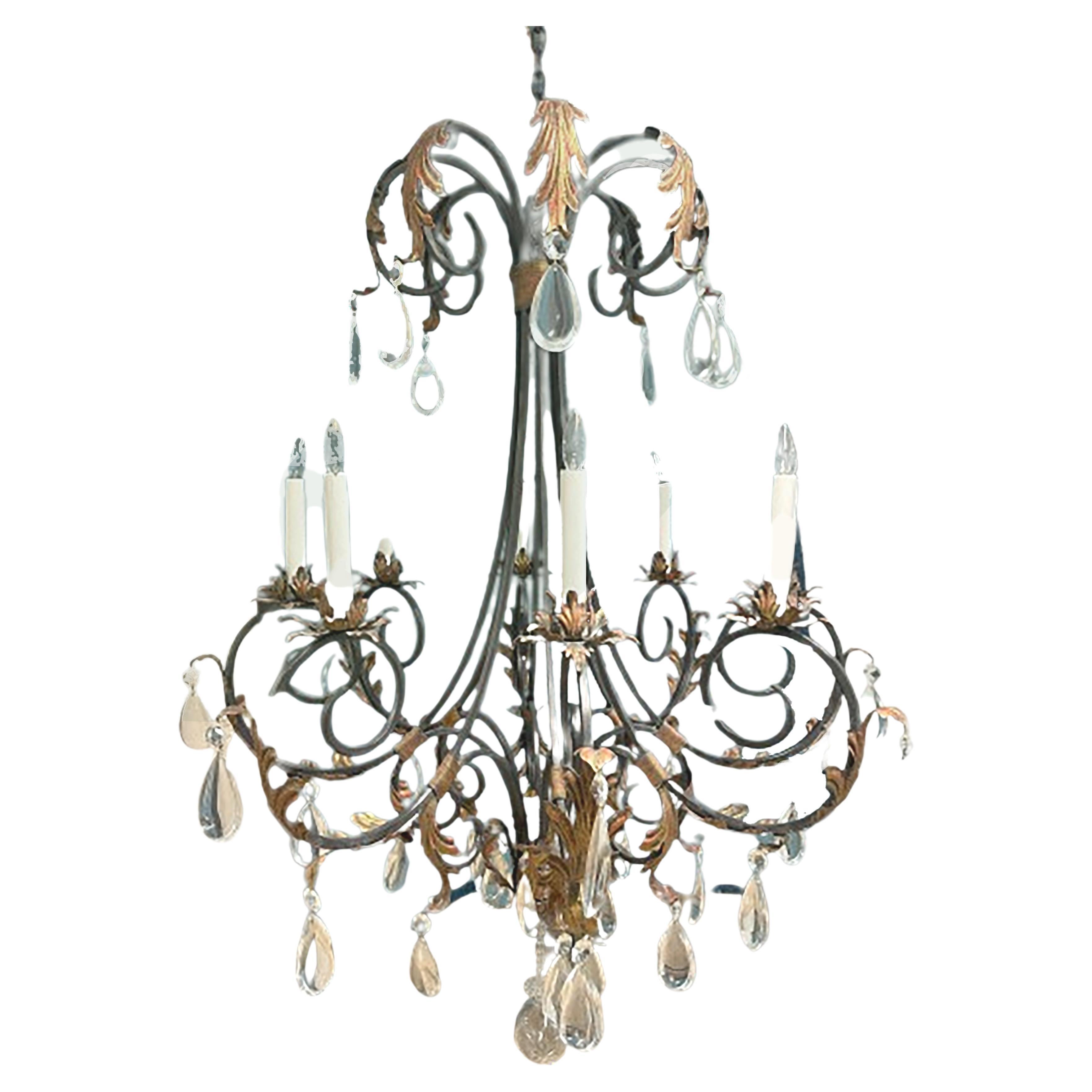 French Style Wrought Iron Chandelier with Gilt Acanthus Leaves For Sale