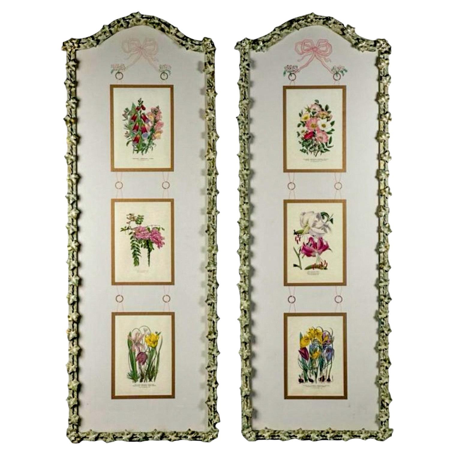 French Style Wrought Iron Framed Hand Painted Floral Botanical Panels -S/2