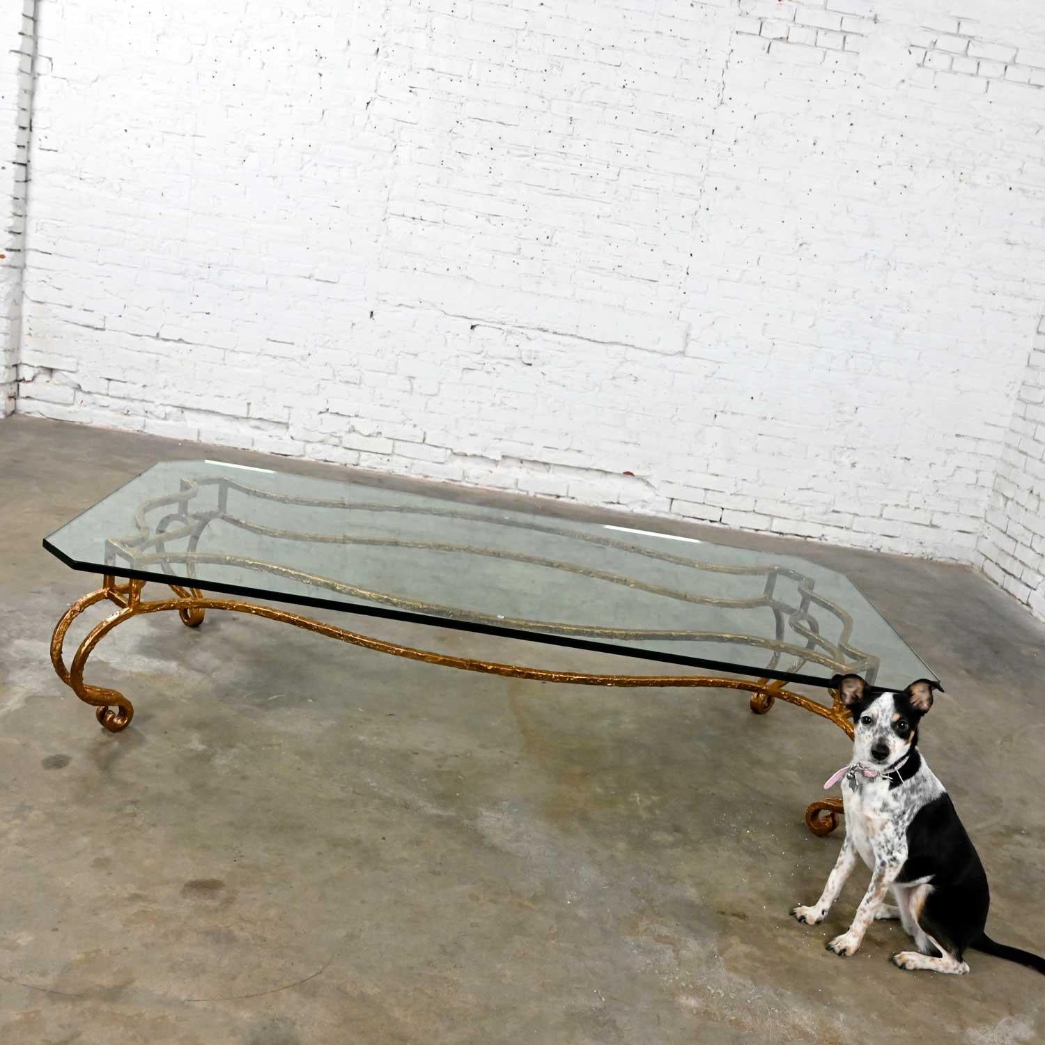 Hollywood Regency French Style Wrought Iron & Glass Large Coffee Table Style of Maison Ramsay
