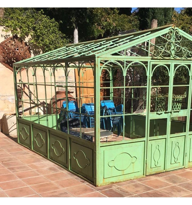 French Style Wrought Iron Greenhouse with Door and Windows in Green