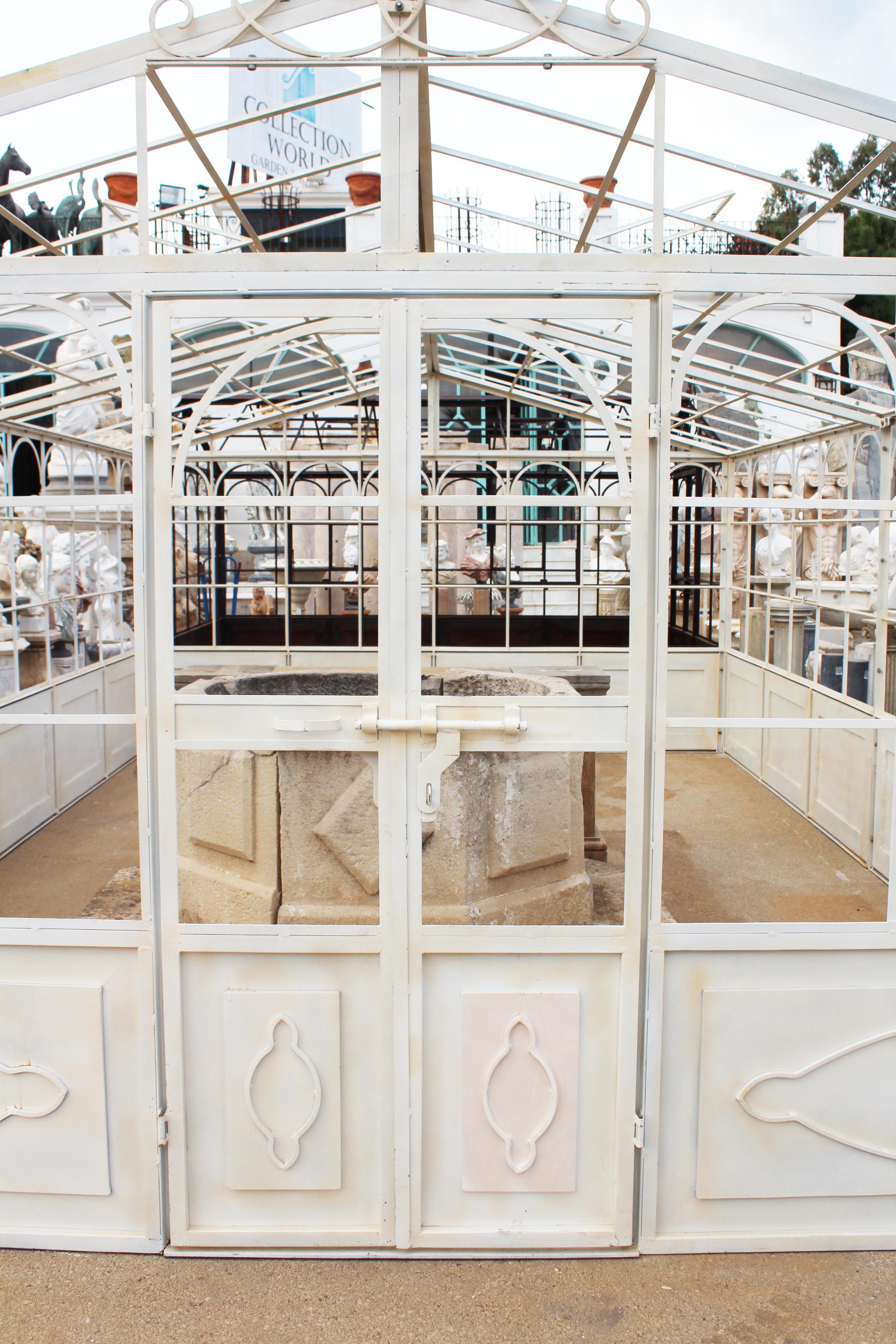 Contemporary French Style Wrought Iron Greenhouse with Door and Windows in White Color For Sale