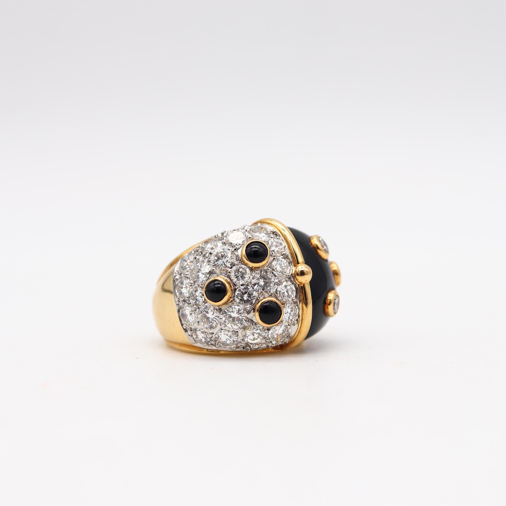 Modernist French Suite of Earrings and Ring 18Kt Gold with 6.57 Cts Diamonds & Black Jade For Sale