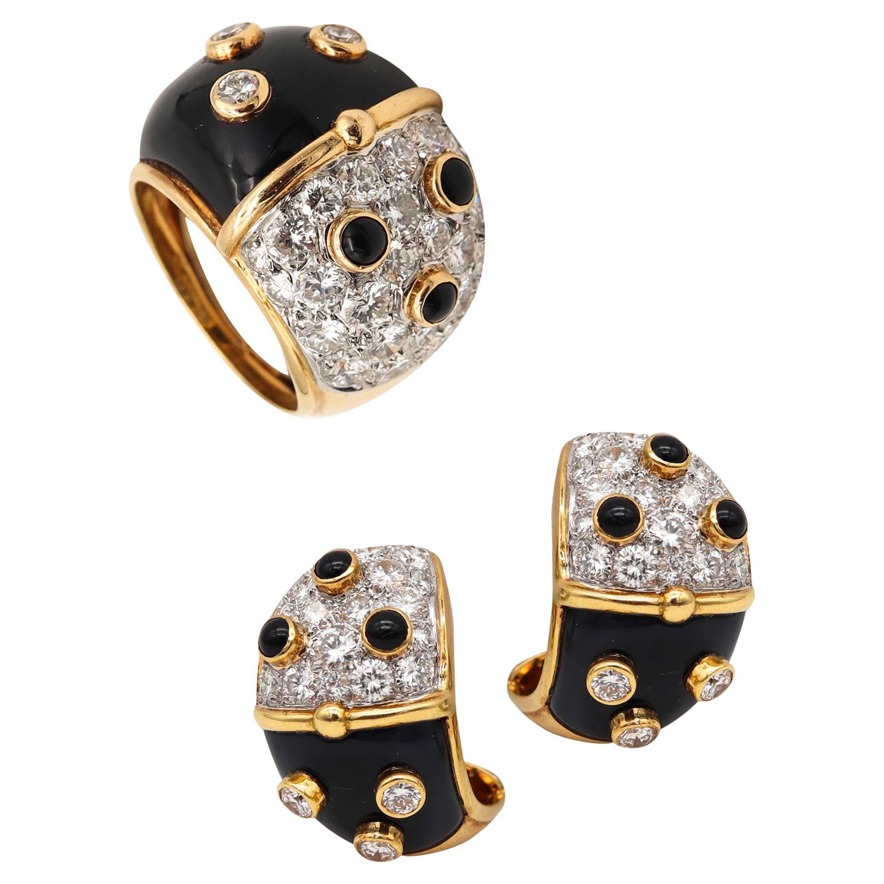 French Suite of Earrings and Ring 18Kt Gold with 6.57 Cts Diamonds & Black Jade For Sale