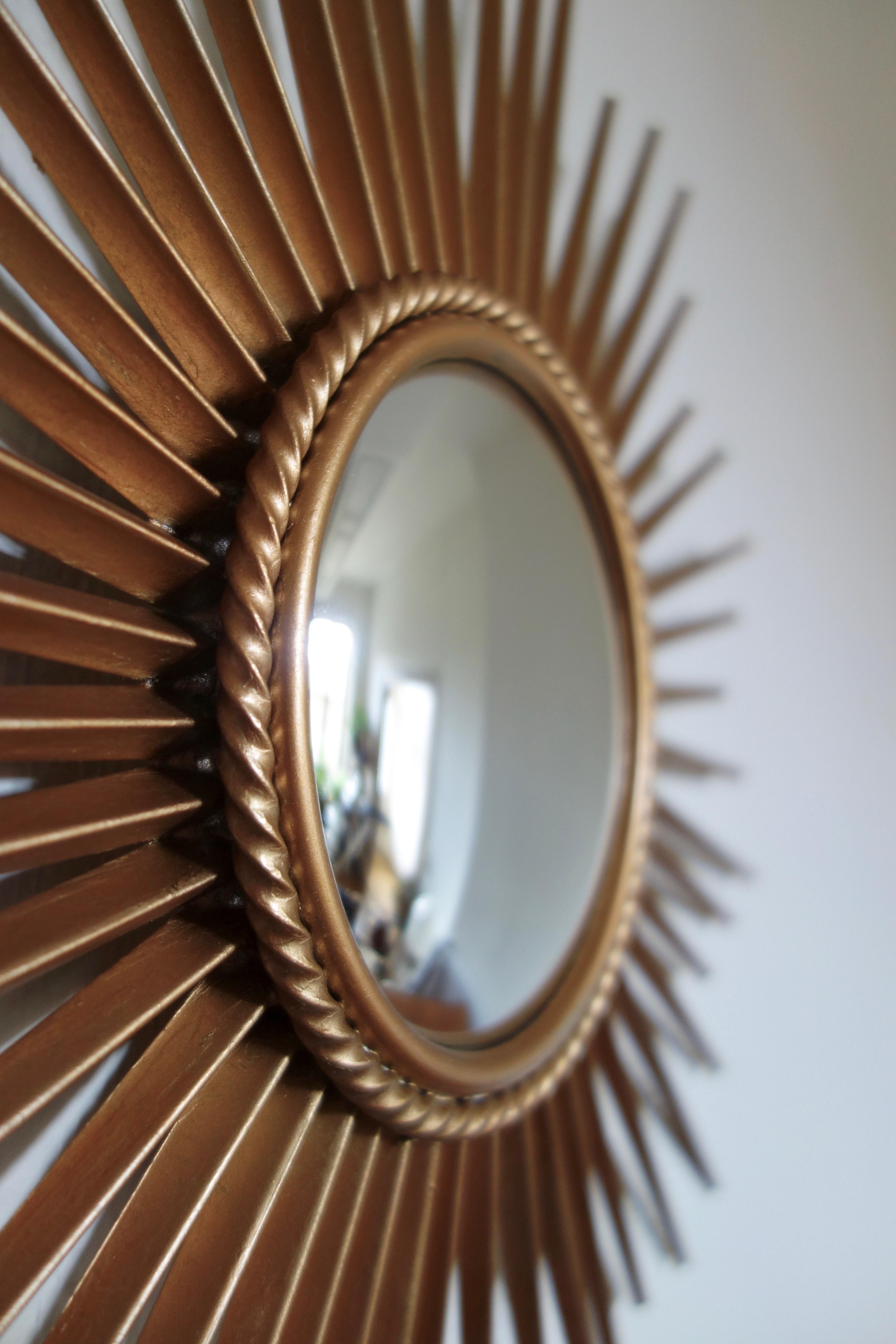 European French Sun Convex Miroir Gold by Chaty Vallauris 1950s