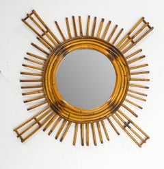 French Sun Shape Rattan Mirror, circa 1950
