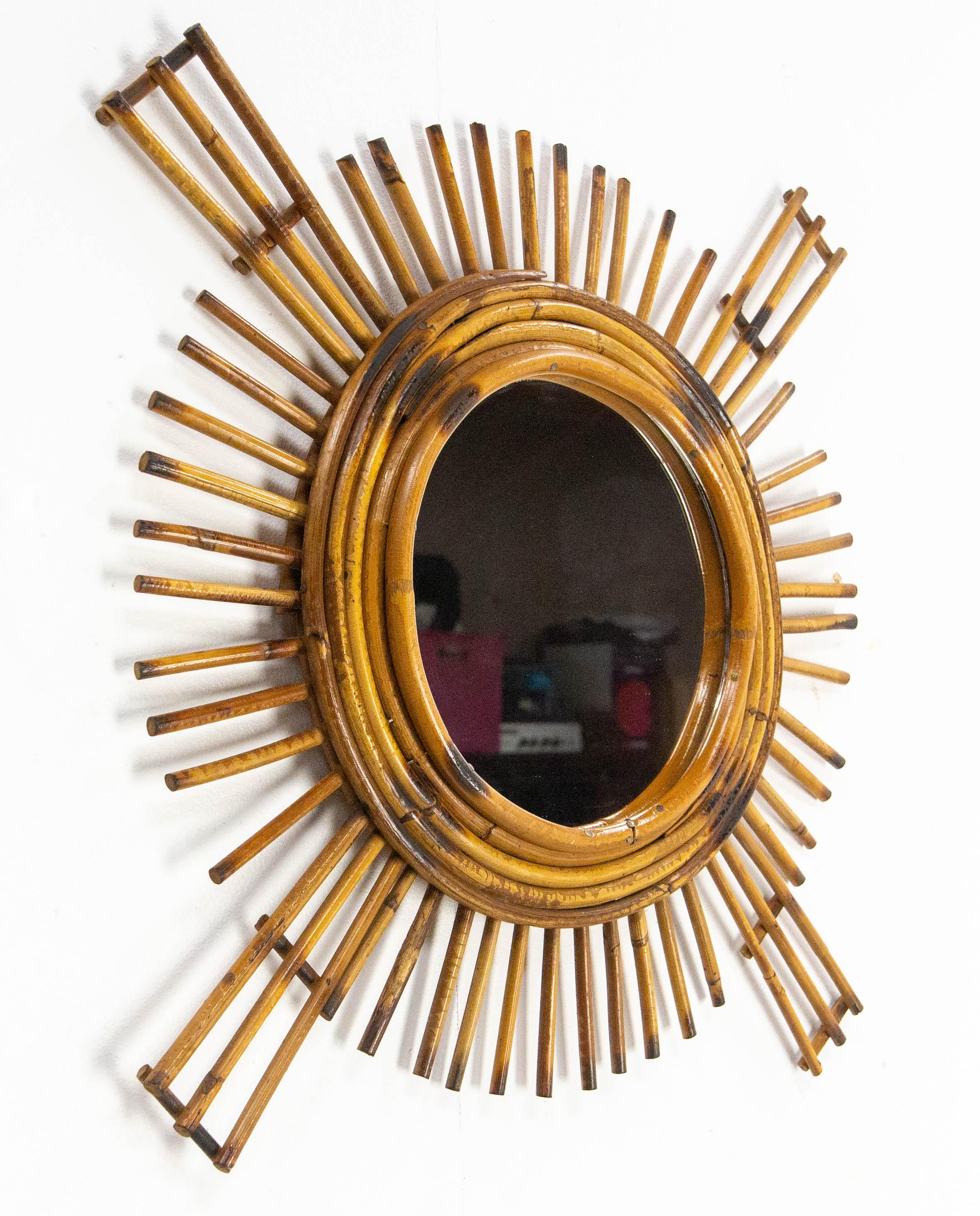 Mid-Century Modern French Sun Shape Rattan Mirror, circa 1950 For Sale