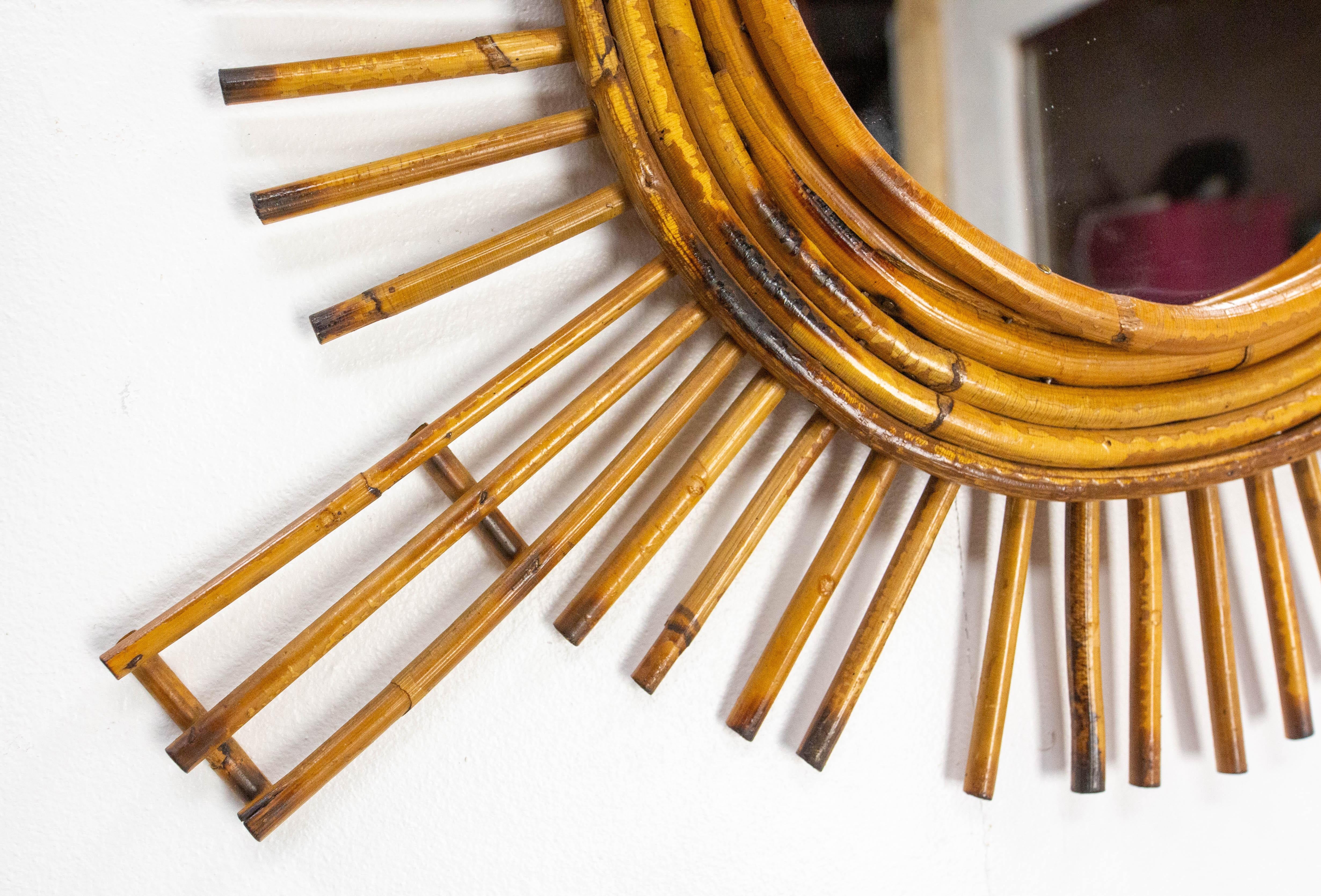 20th Century French Sun Shape Rattan Mirror, circa 1950 For Sale