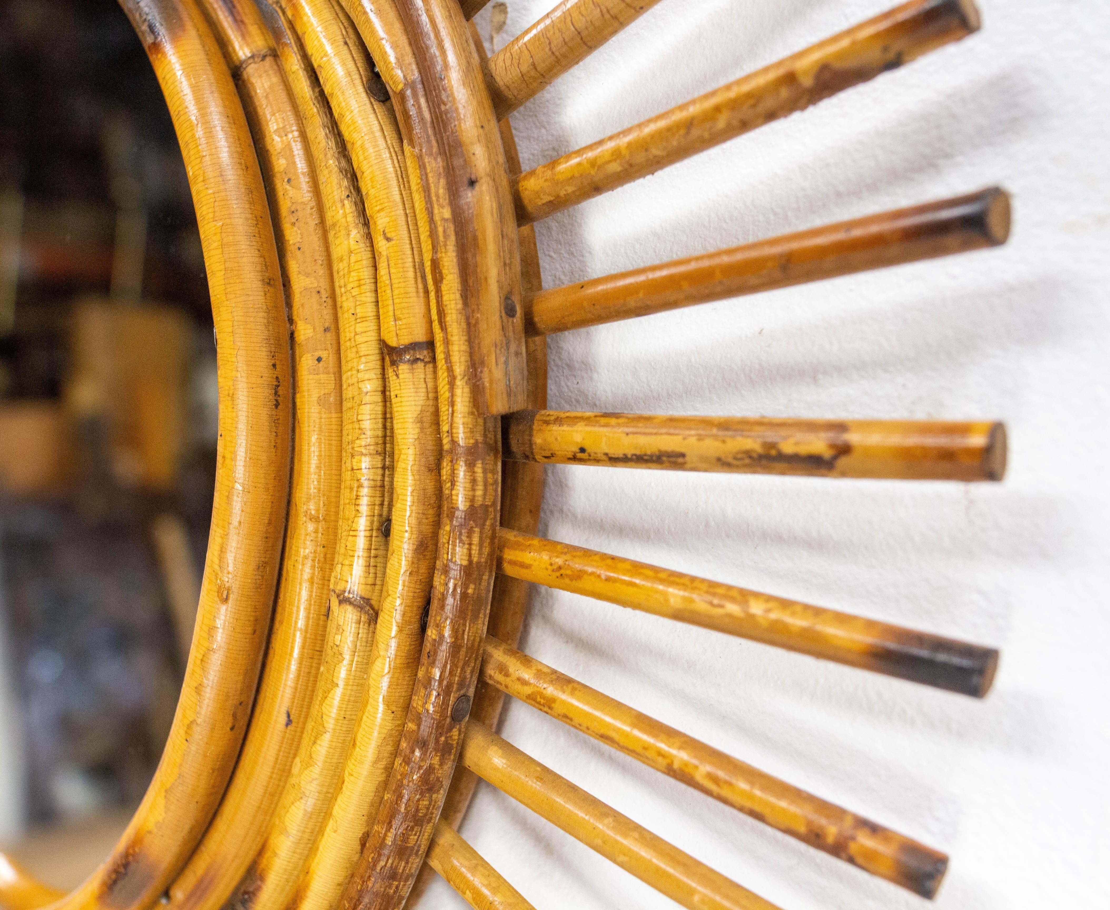 French Sun Shape Rattan Mirror, circa 1950 For Sale 1