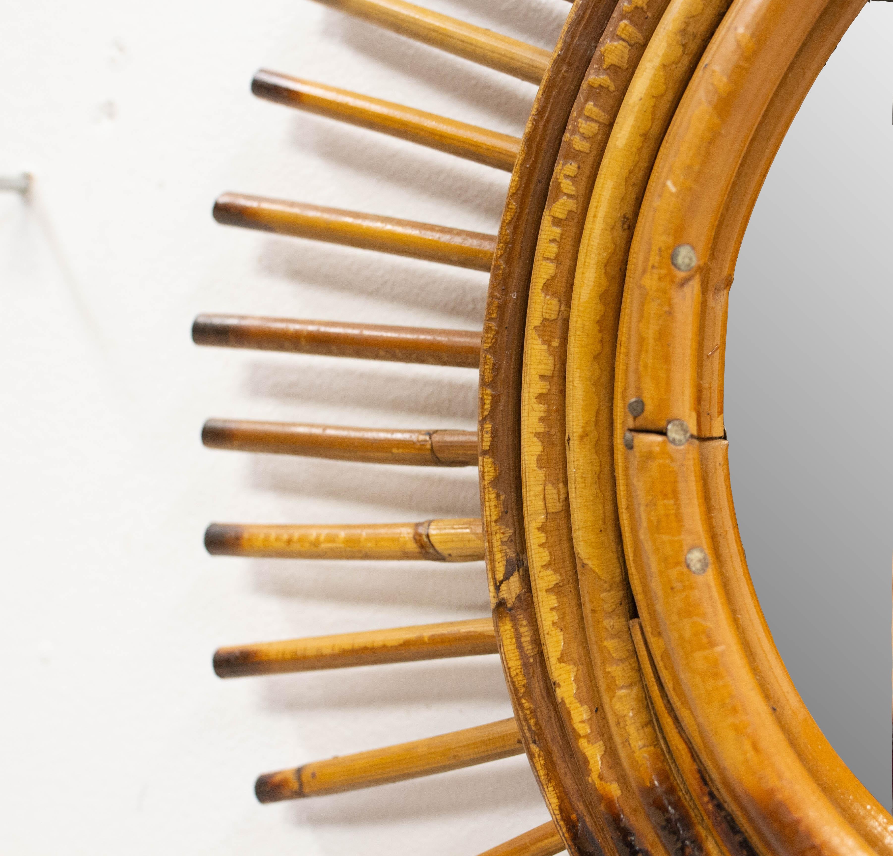 French Sun Shape Rattan Mirror, circa 1950 For Sale 2