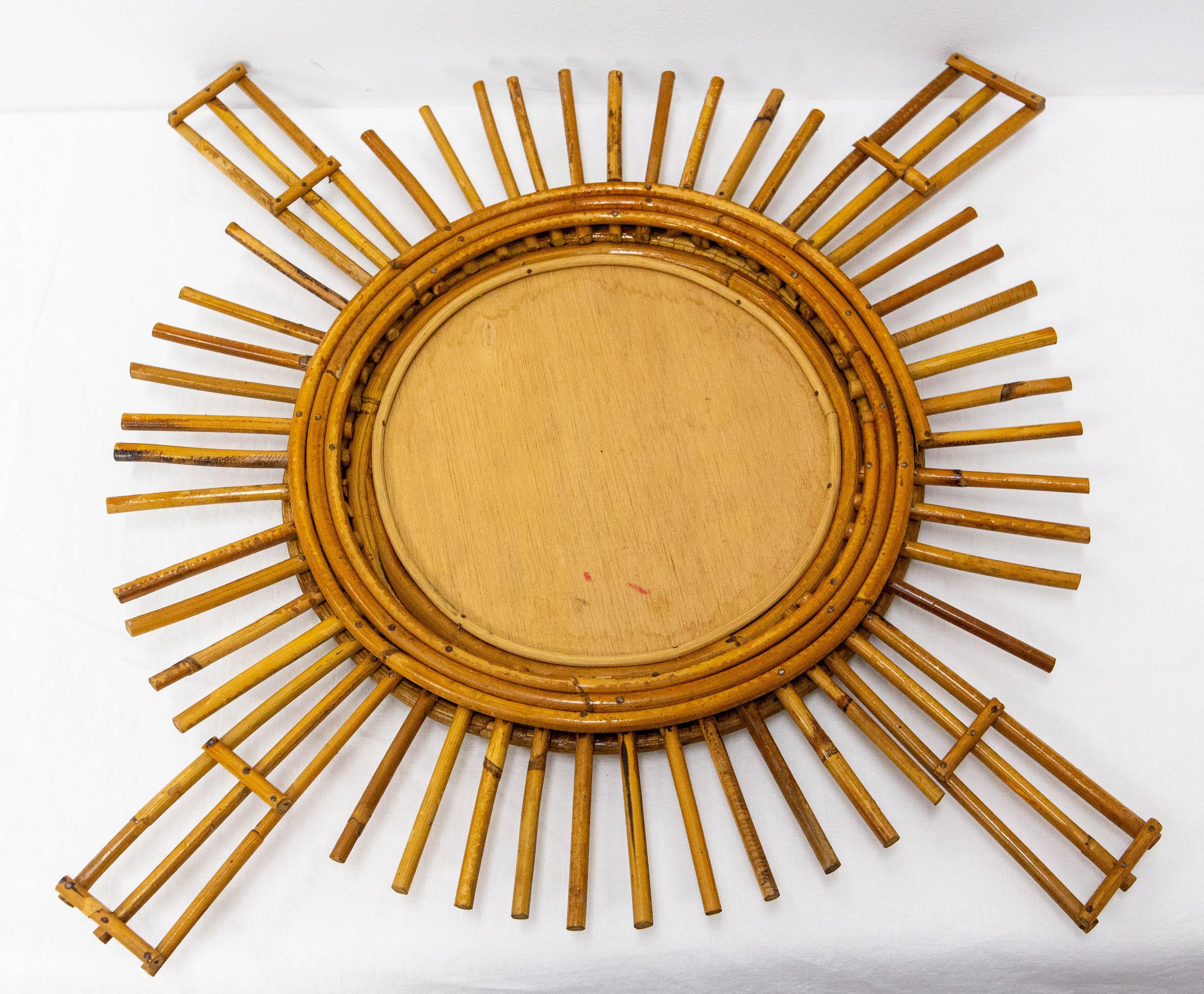 French Sun Shape Rattan Mirror, circa 1950 For Sale 3