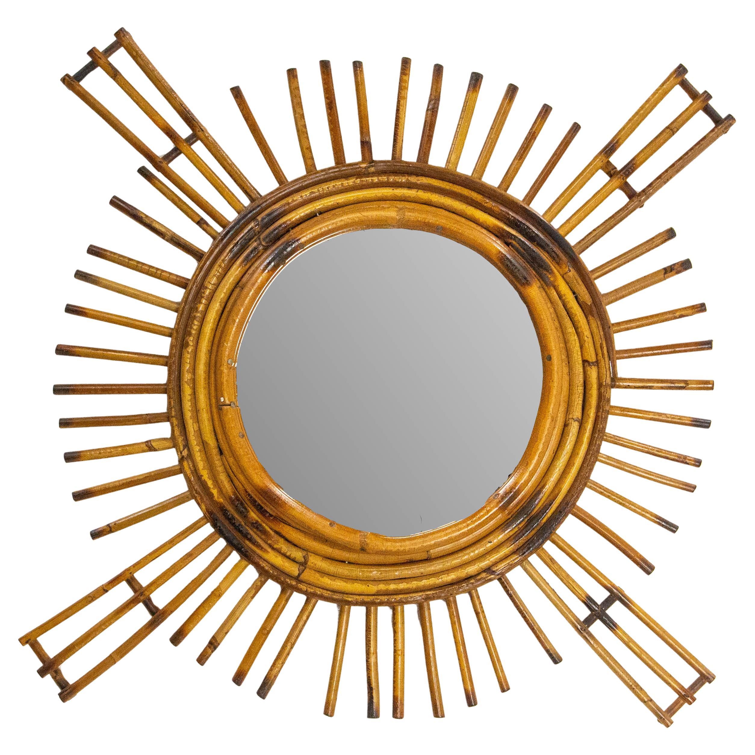 French Sun Shape Rattan Mirror, circa 1950 For Sale