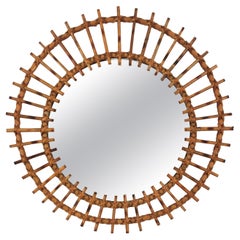 French Sunburst Asymmetric Mirror in Rattan, 1960s