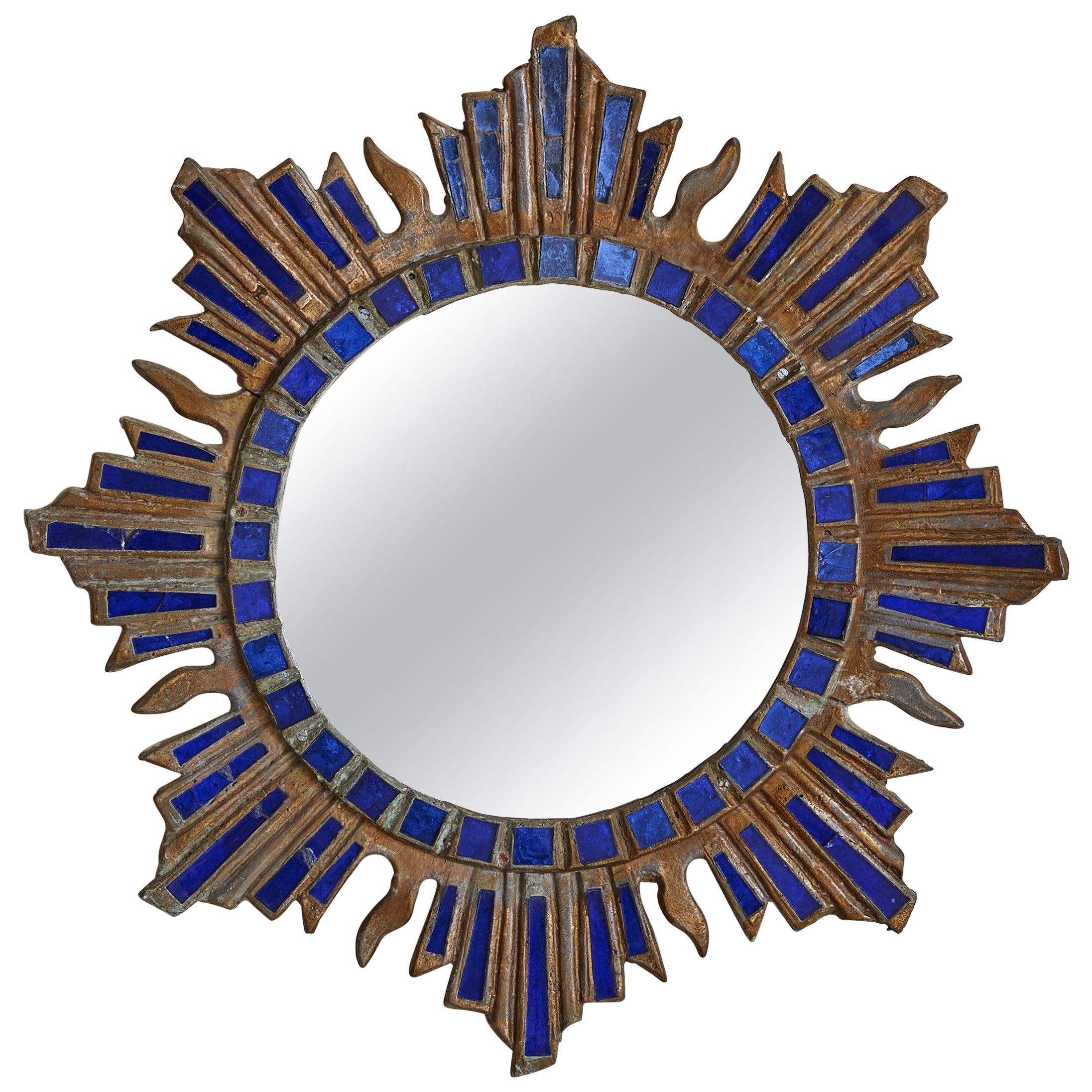 French Sunburst Blue Talosel Wall Mirror by Irena Jaworska, 1960s - 2 Available