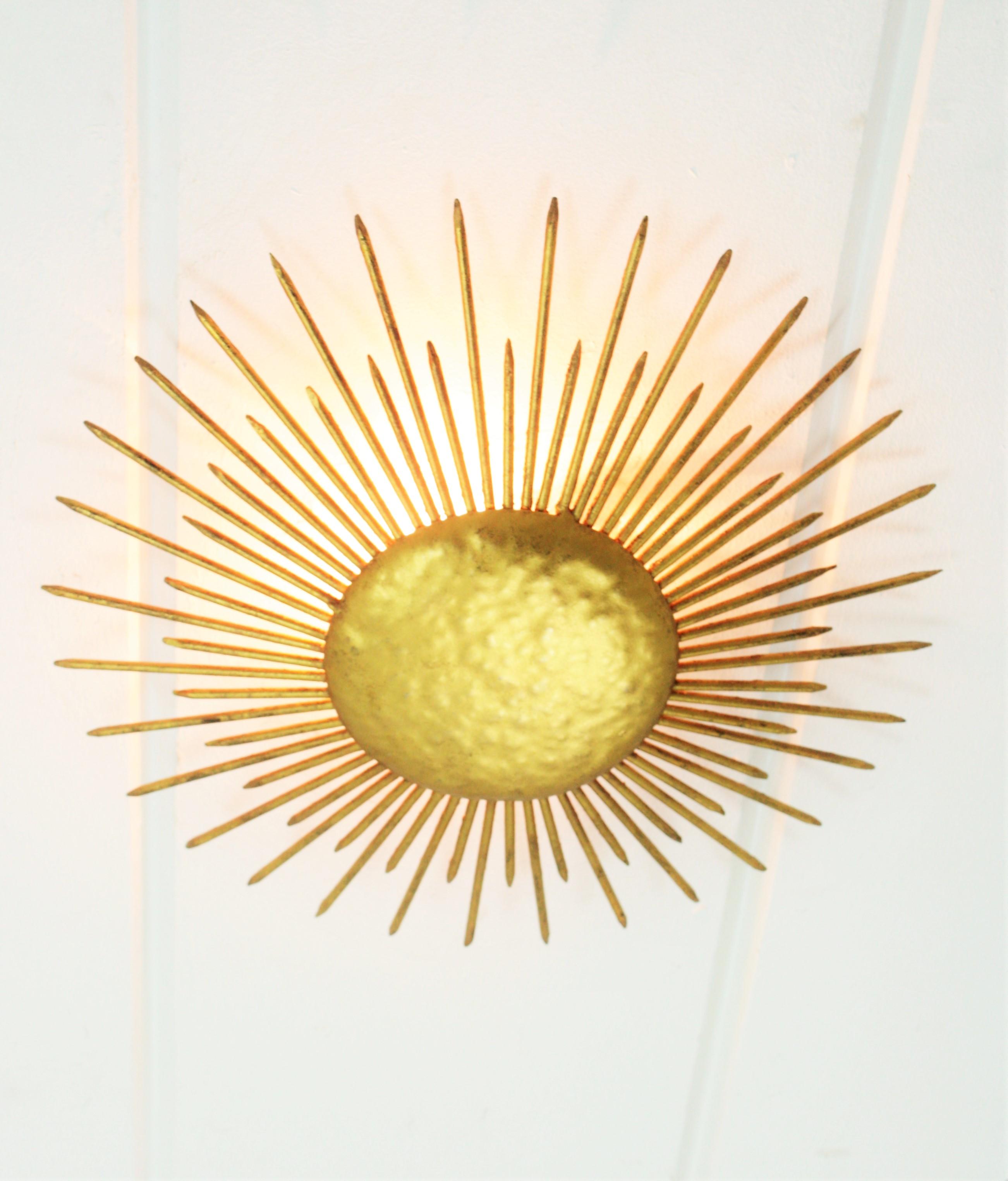 French Sunburst Ceiling Flush Mount or Wall Light, Gilt Iron and Nail Details 3