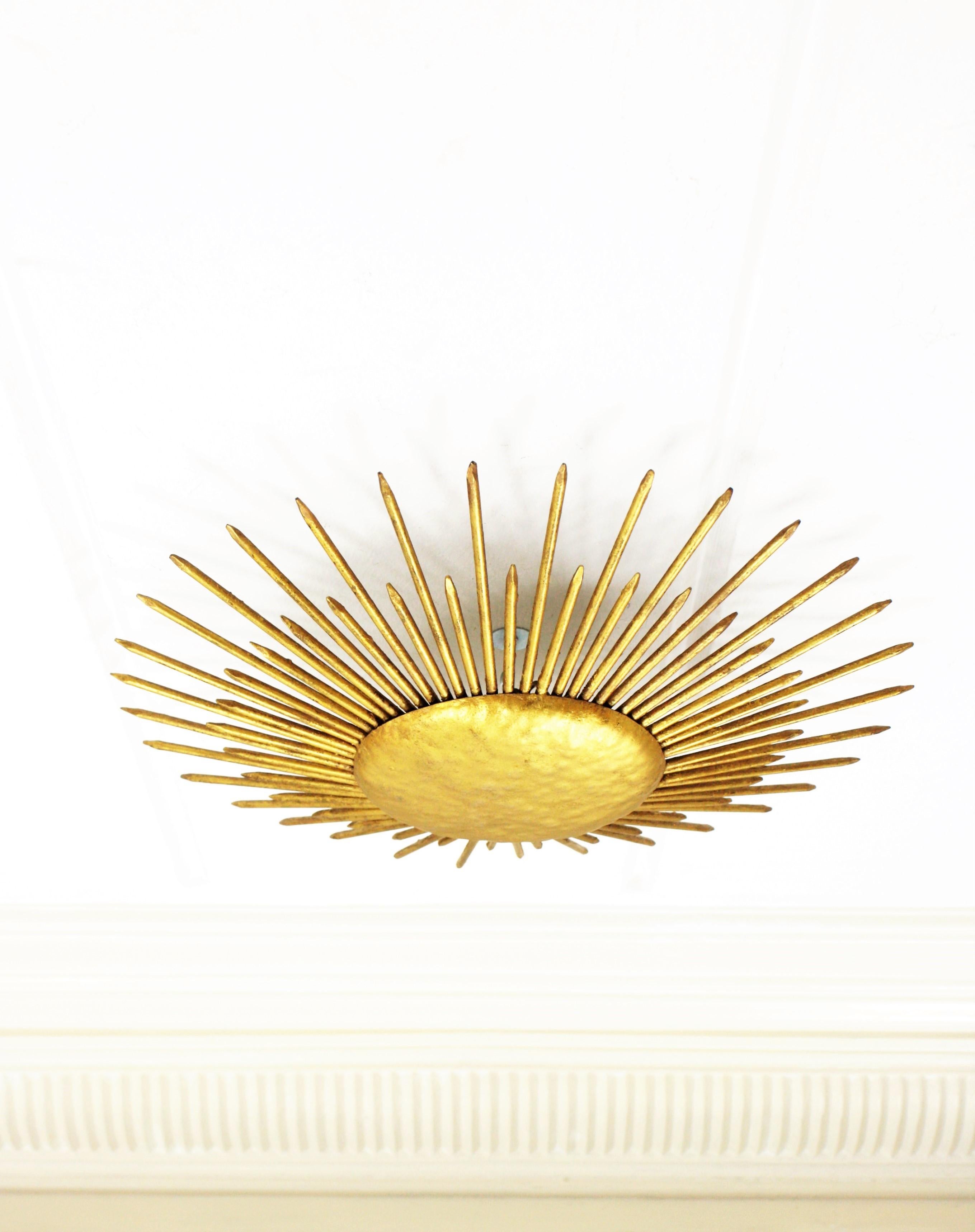 French Sunburst Ceiling Flush Mount or Wall Light, Gilt Iron and Nail Details 4