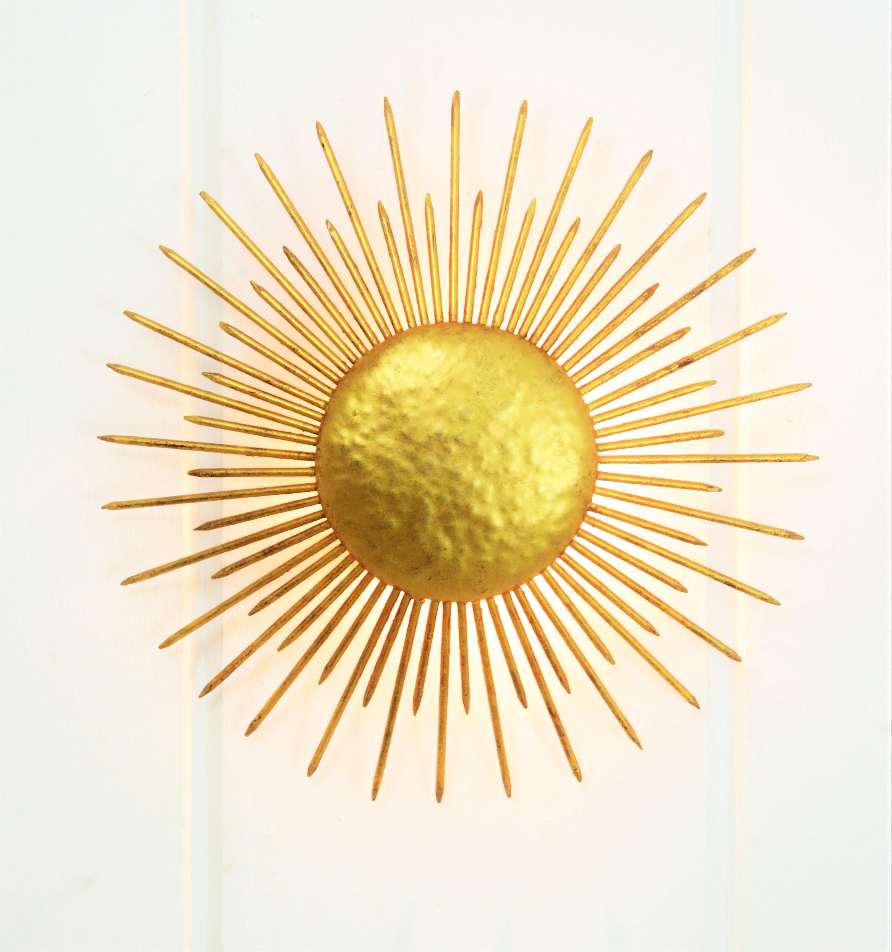 20th Century French Sunburst Ceiling Flush Mount or Wall Light, Gilt Iron and Nail Details